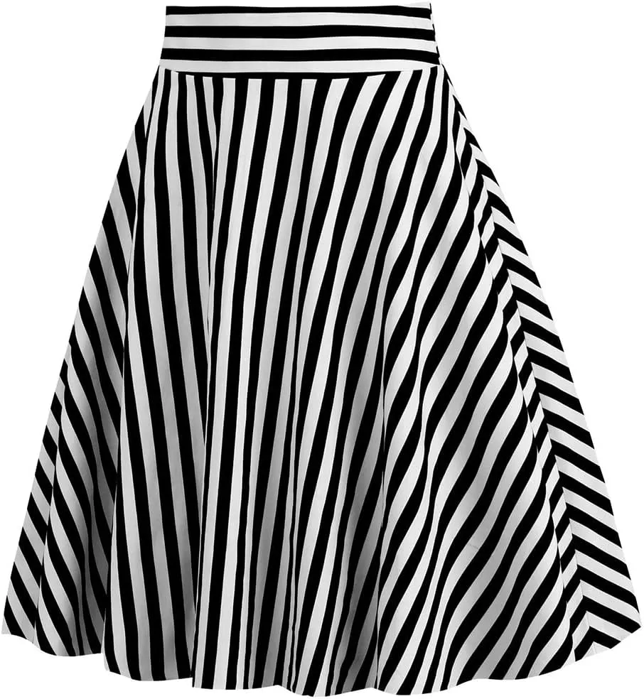 1950s Skirts for Women Vintage Striped Midi Skirt High Waist A-Line Flared Skirt Office Casual Knee Length Stripes Skirts