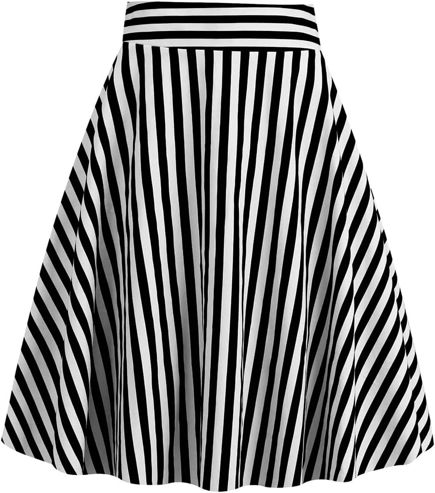 1950s Skirts for Women Vintage Striped Midi Skirt High Waist A-Line Flared Skirt Office Casual Knee Length Stripes Skirts