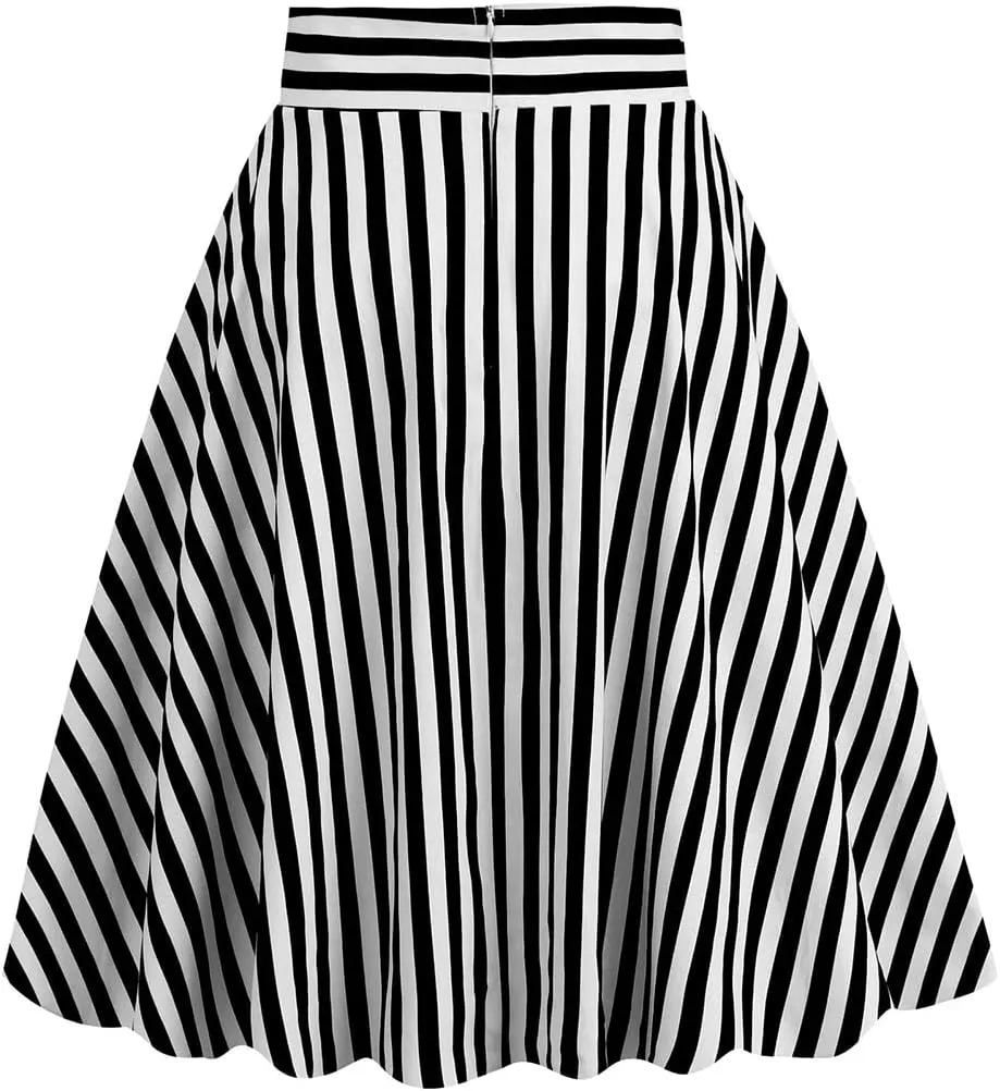 1950s Skirts for Women Vintage Striped Midi Skirt High Waist A-Line Flared Skirt Office Casual Knee Length Stripes Skirts