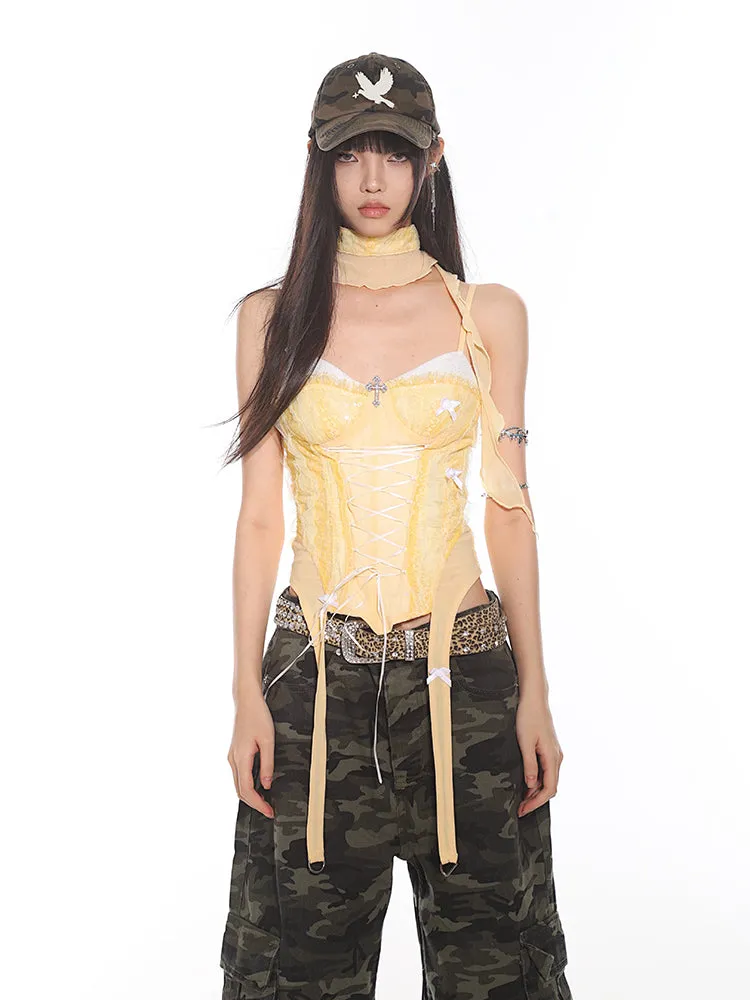 【24s Aug.】Cross Strap Patchwork Lace Sexy Tank Top