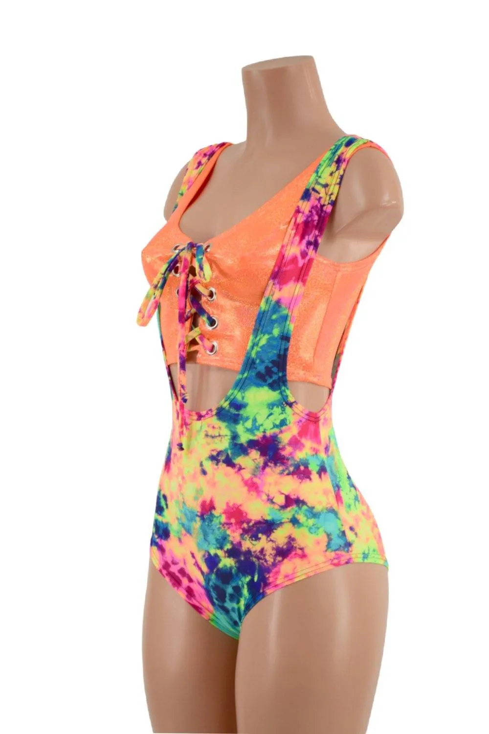 2PC Neon Suspender Romper Set
