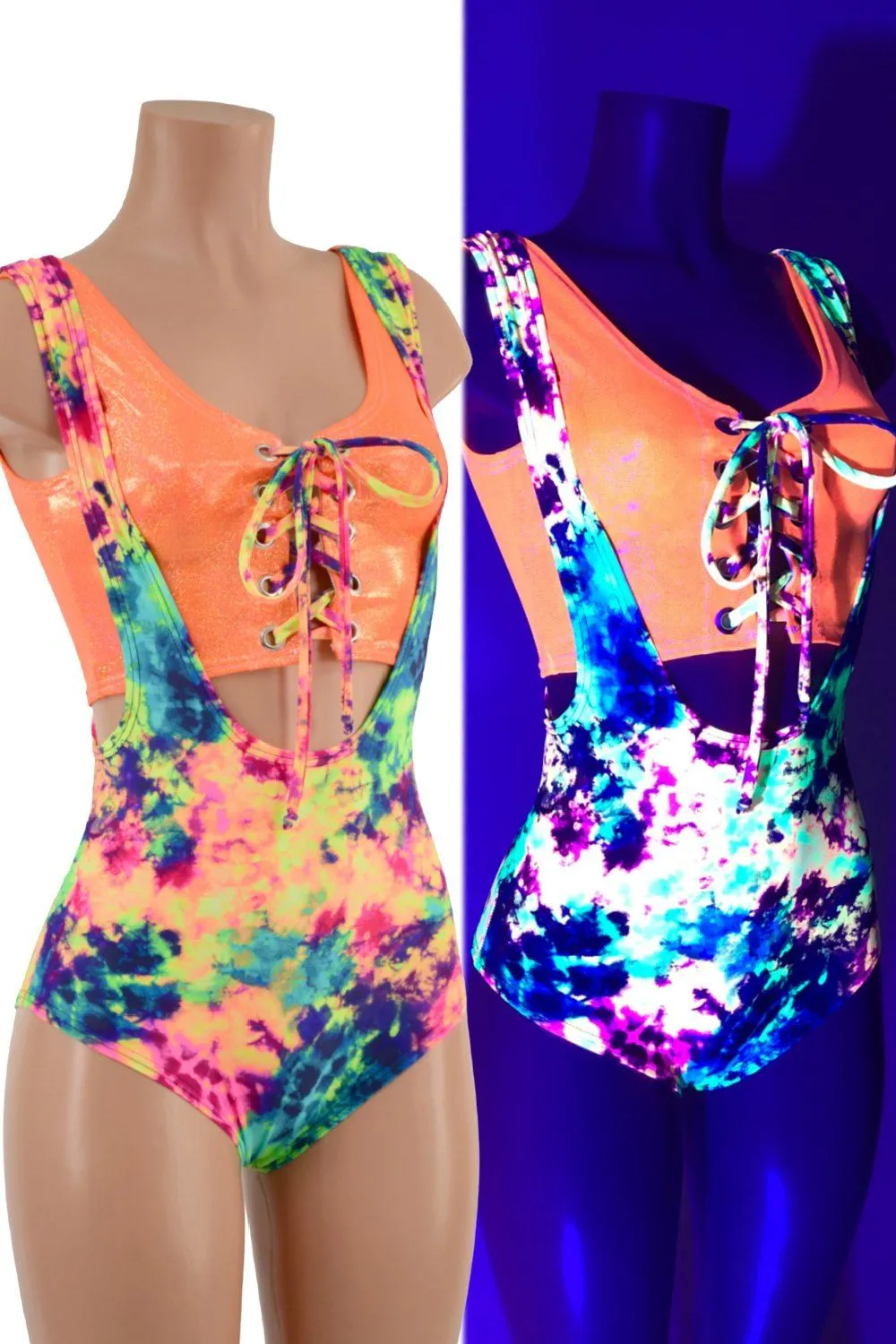 2PC Neon Suspender Romper Set