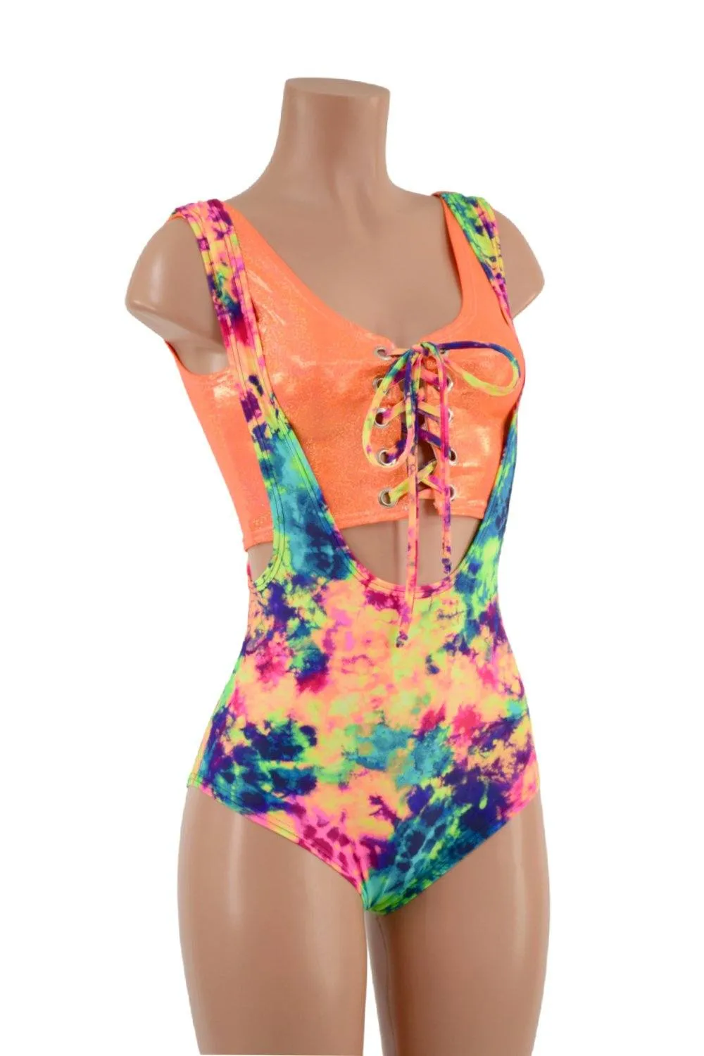 2PC Neon Suspender Romper Set