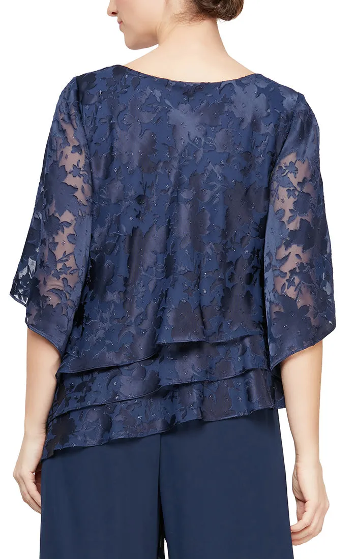 Alex Evenings Boat Neck 3/4 Sleeve Multi Print Asymmetrical Triple Tier Hem Burnout Chiffon Top ( Petite )