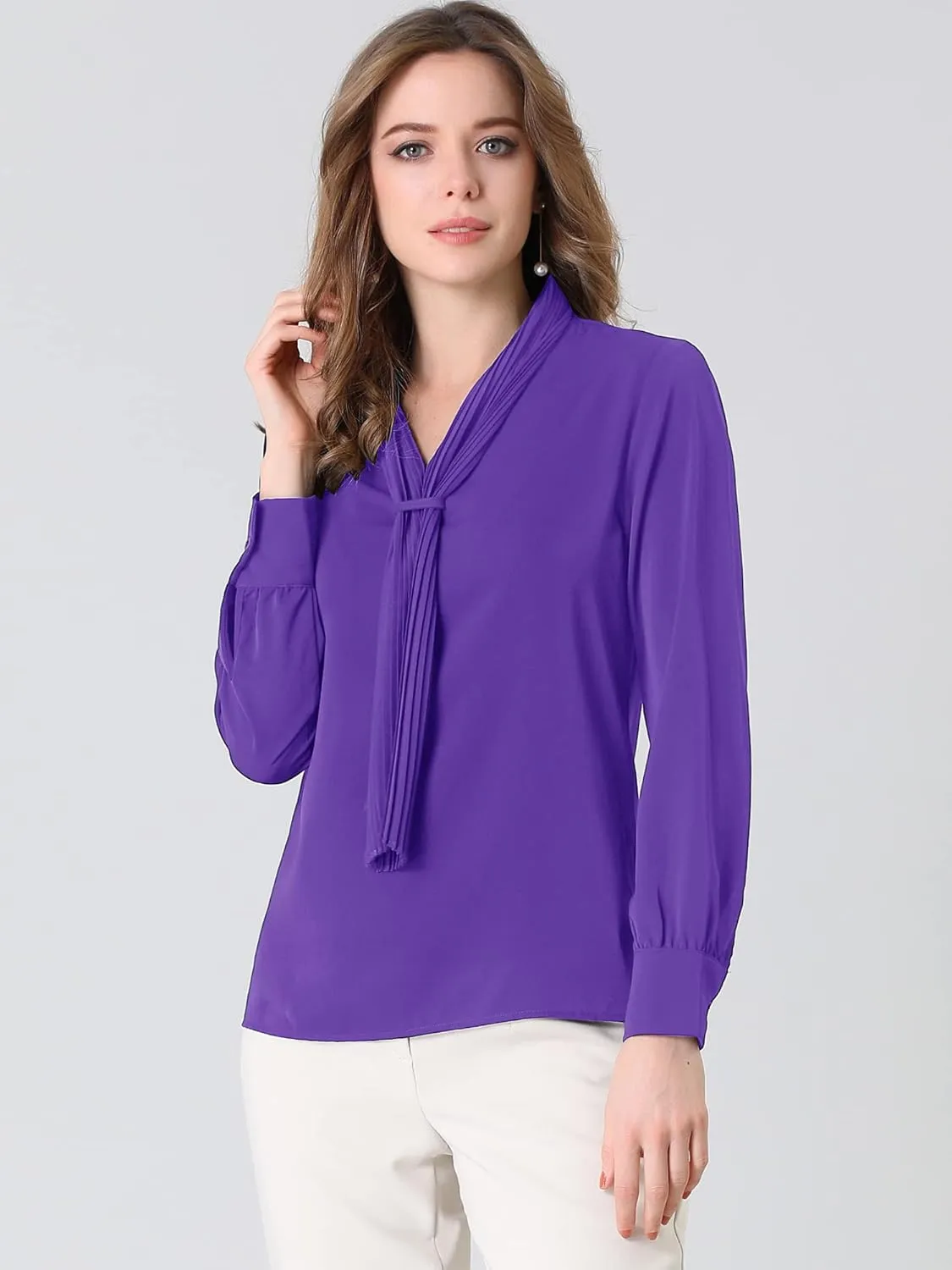 Allegra K Women's Dressy Long Sleeve Blouses Chiffon Pleated Tie Neck Office Top Shirt