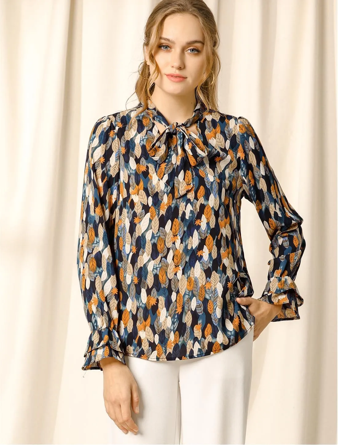 Allegra K Women's Long Sleeve Blouse Floral Tie Neck Chiffon Ruffle Trumpet Top