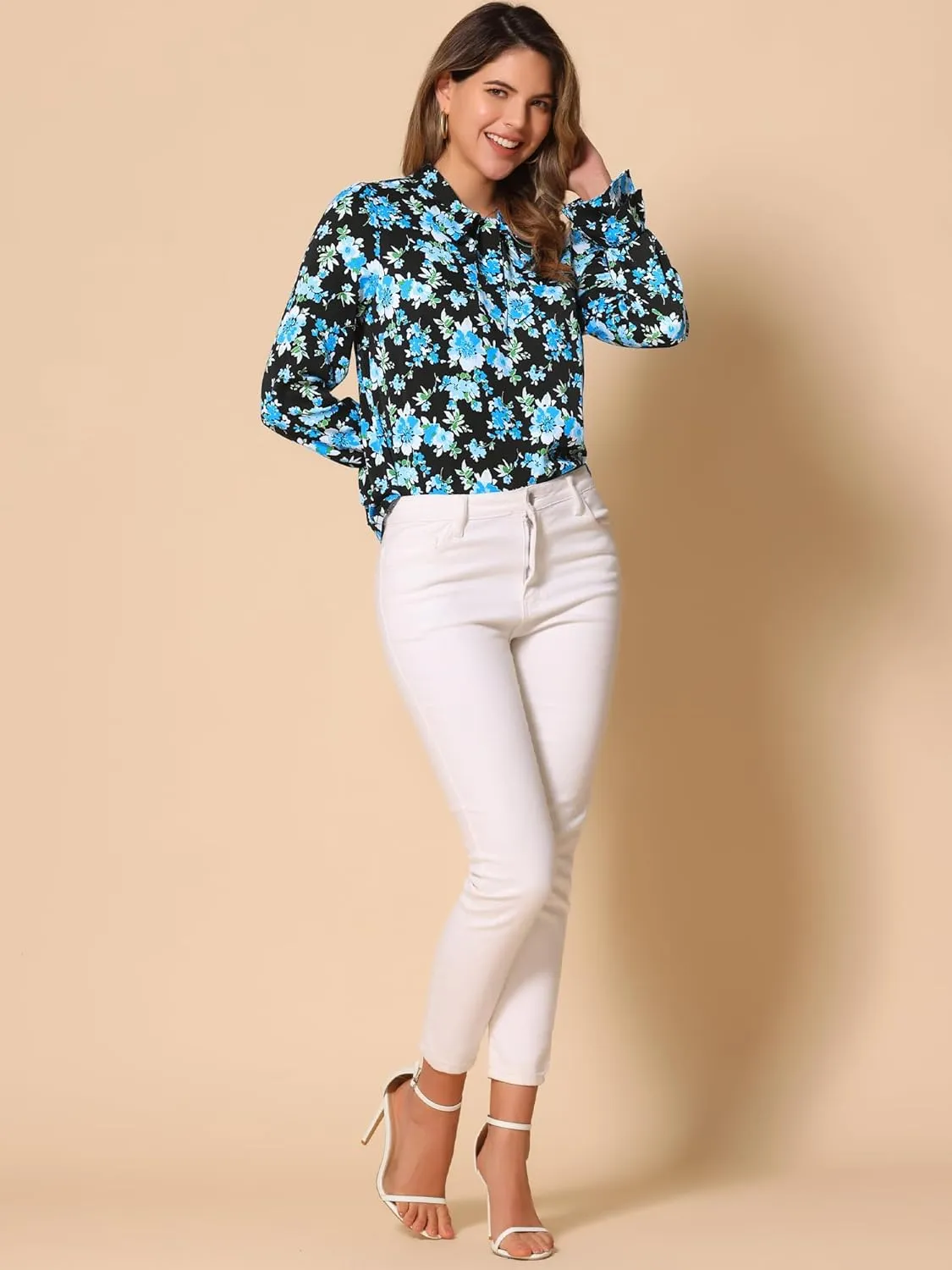 Allegra K Women's Long Sleeve Blouse Floral Tie Neck Chiffon Ruffle Trumpet Top