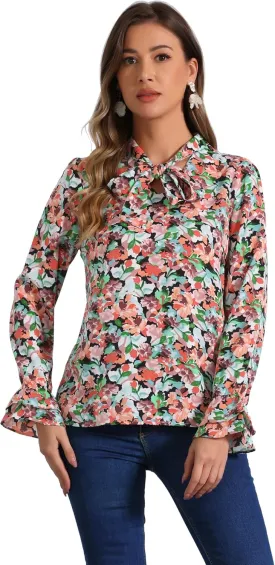 Allegra K Women's Long Sleeve Blouse Floral Tie Neck Chiffon Ruffle Trumpet Top