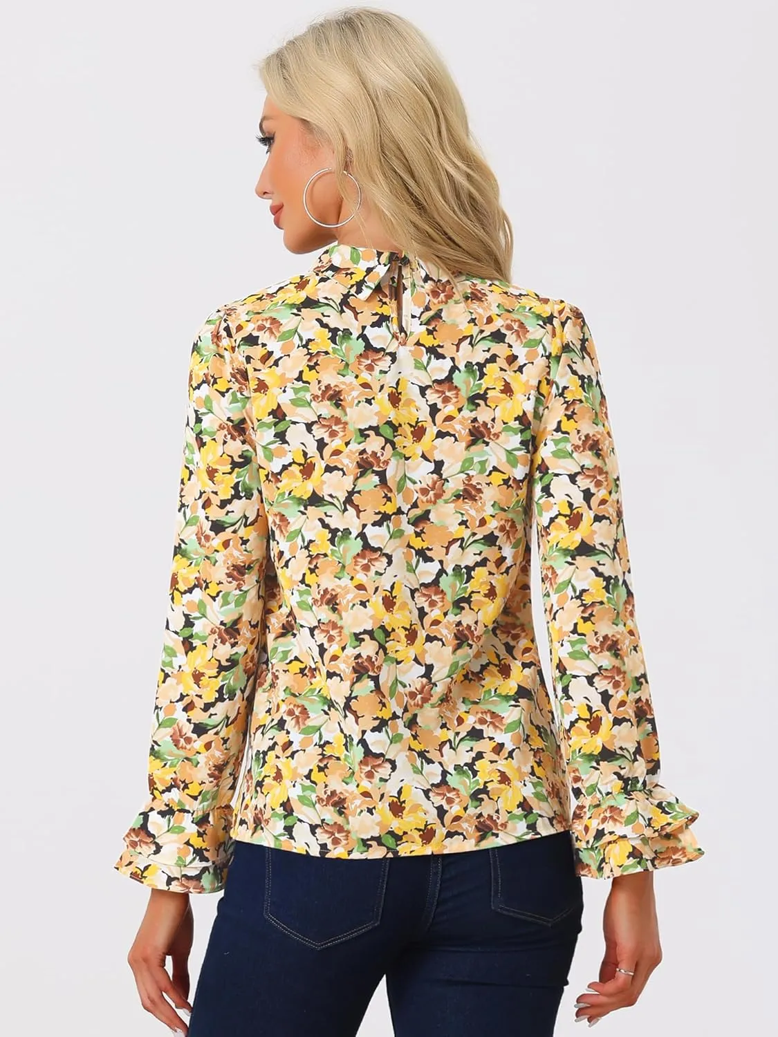 Allegra K Women's Long Sleeve Blouse Floral Tie Neck Chiffon Ruffle Trumpet Top