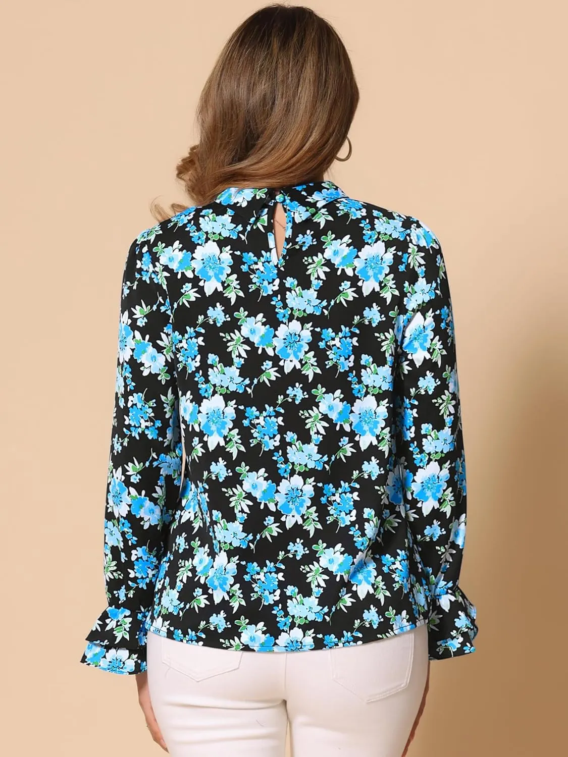 Allegra K Women's Long Sleeve Blouse Floral Tie Neck Chiffon Ruffle Trumpet Top