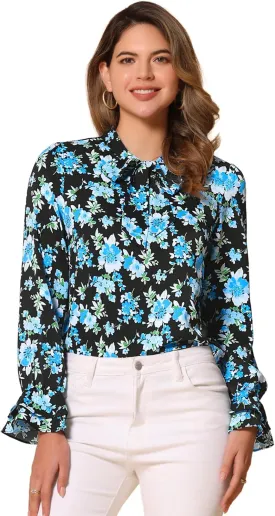 Allegra K Women's Long Sleeve Blouse Floral Tie Neck Chiffon Ruffle Trumpet Top