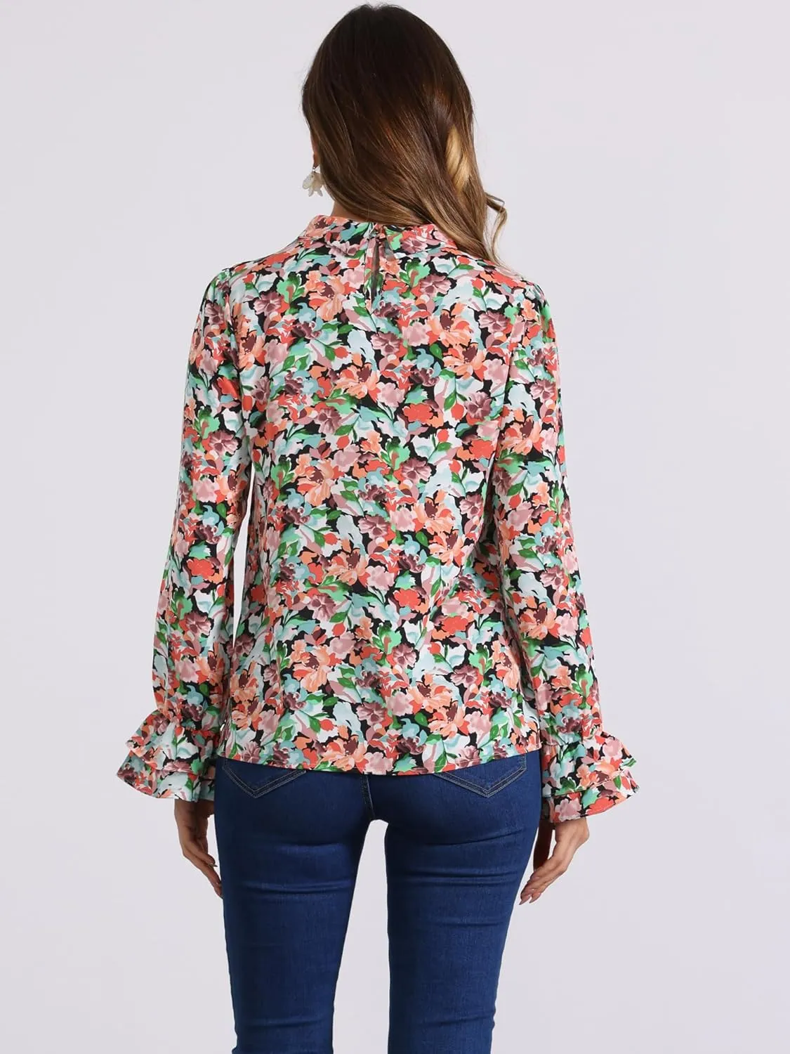 Allegra K Women's Long Sleeve Blouse Floral Tie Neck Chiffon Ruffle Trumpet Top