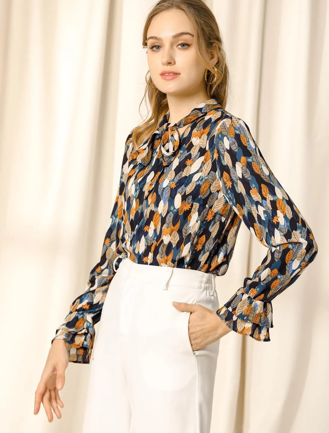 Allegra K Women's Long Sleeve Blouse Floral Tie Neck Chiffon Ruffle Trumpet Top