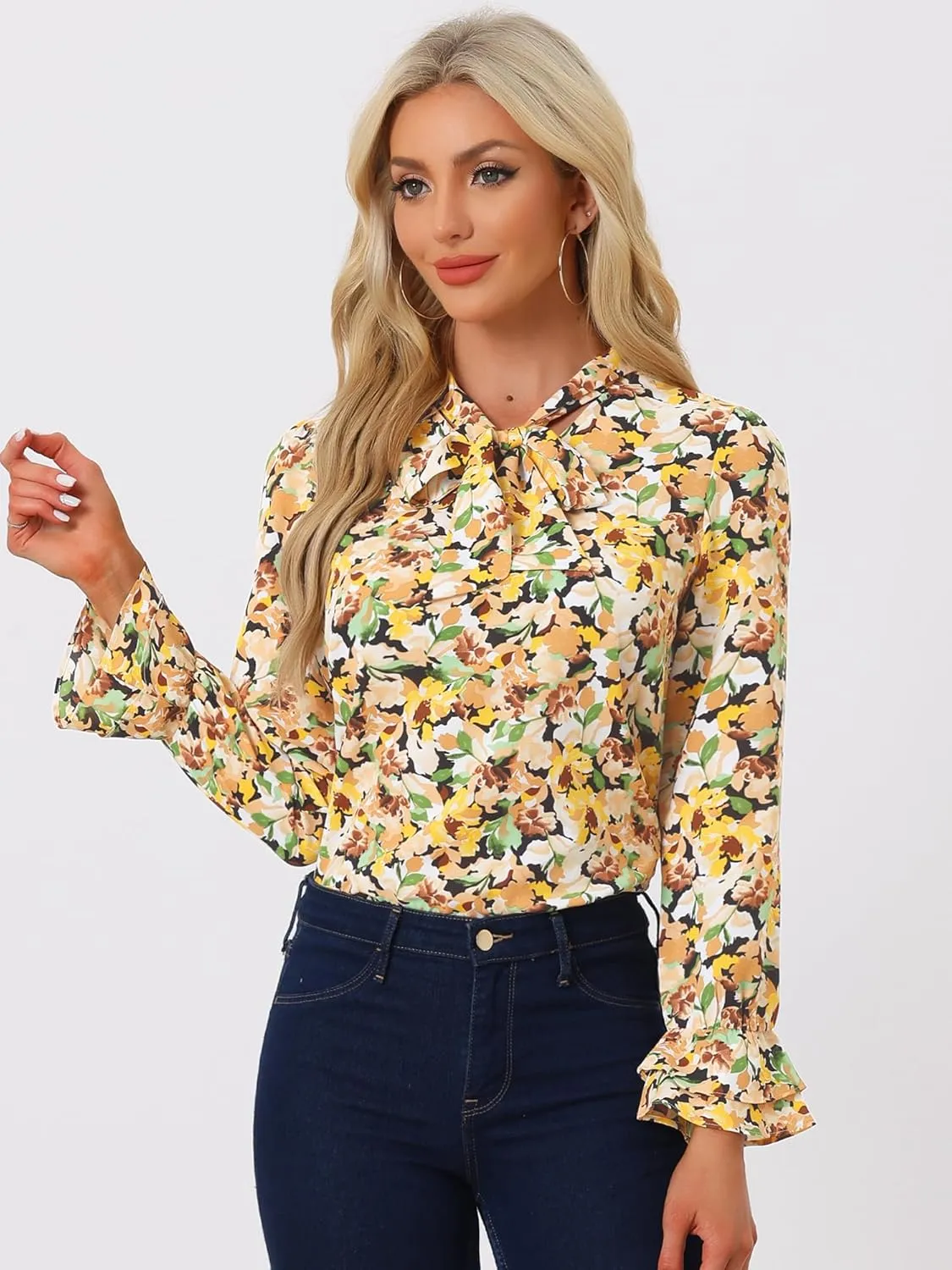 Allegra K Women's Long Sleeve Blouse Floral Tie Neck Chiffon Ruffle Trumpet Top
