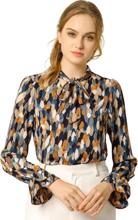 Allegra K Women's Long Sleeve Blouse Floral Tie Neck Chiffon Ruffle Trumpet Top
