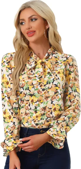 Allegra K Women's Long Sleeve Blouse Floral Tie Neck Chiffon Ruffle Trumpet Top