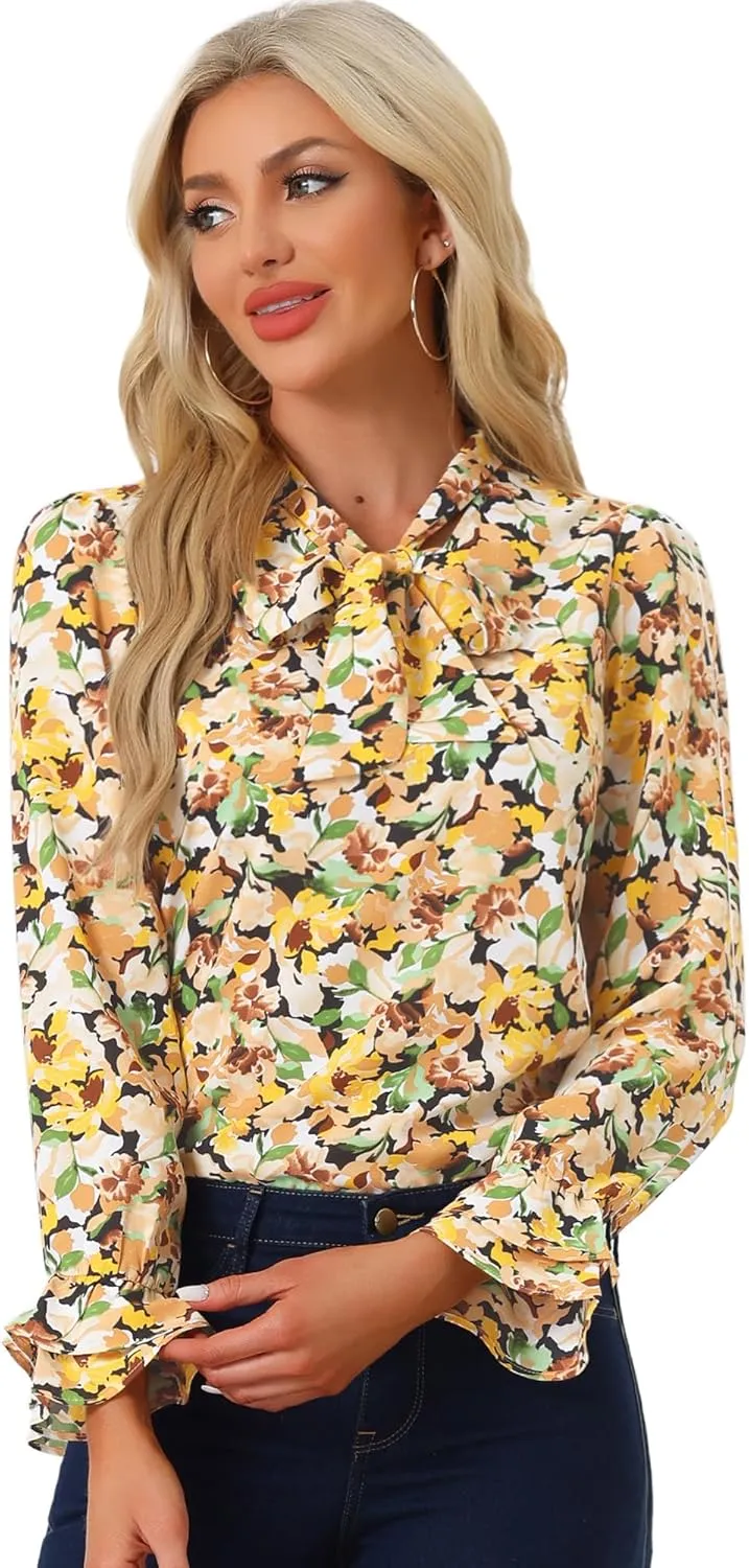 Allegra K Women's Long Sleeve Blouse Floral Tie Neck Chiffon Ruffle Trumpet Top