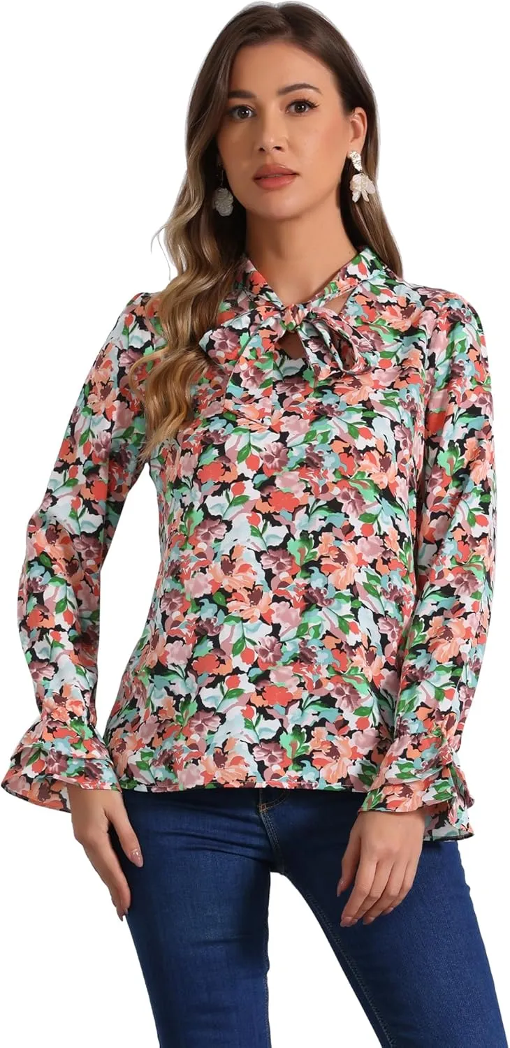 Allegra K Women's Long Sleeve Blouse Floral Tie Neck Chiffon Ruffle Trumpet Top