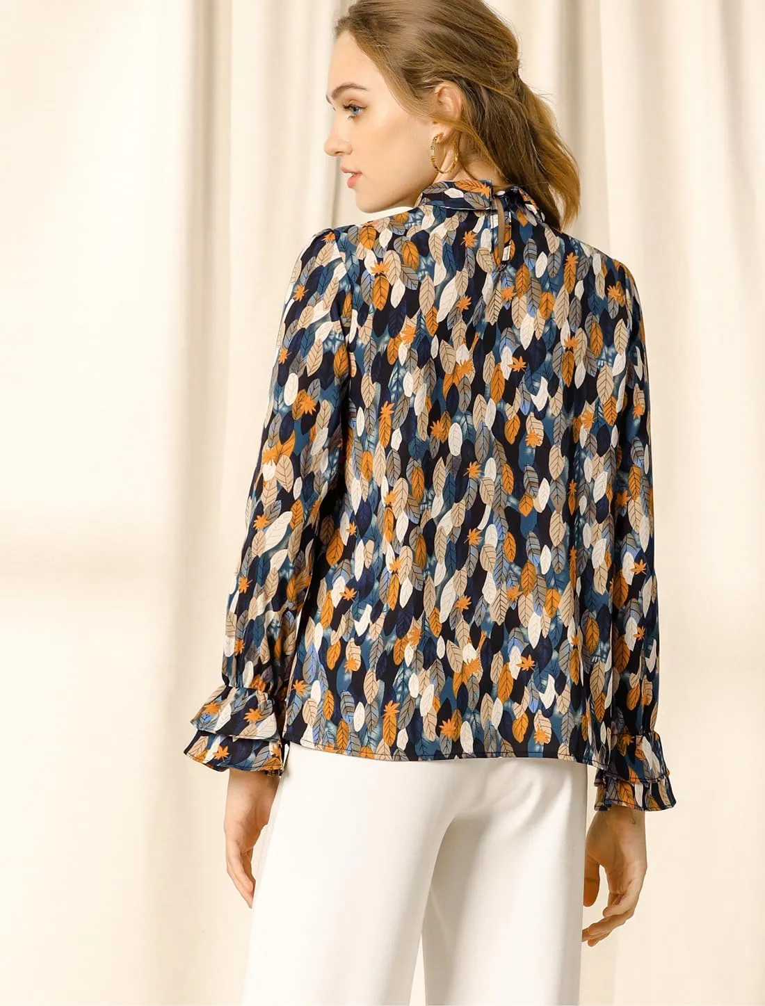 Allegra K Women's Long Sleeve Blouse Floral Tie Neck Chiffon Ruffle Trumpet Top