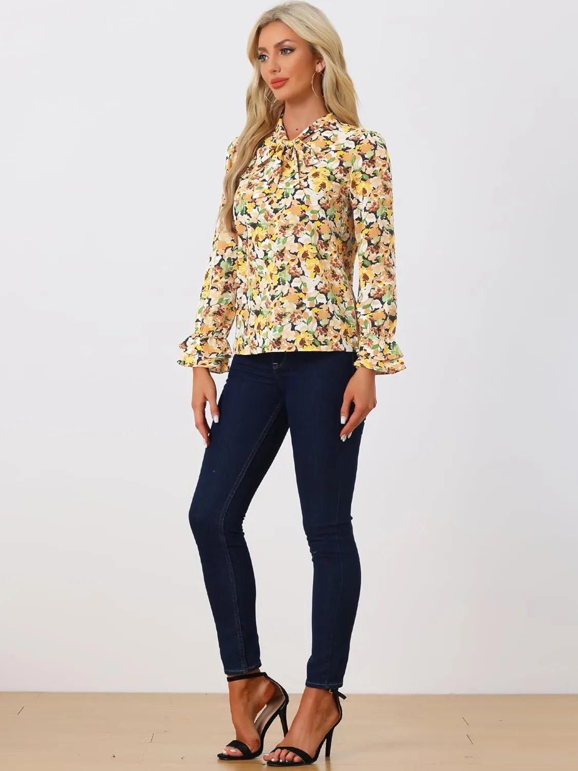 Allegra K Women's Long Sleeve Blouse Floral Tie Neck Chiffon Ruffle Trumpet Top