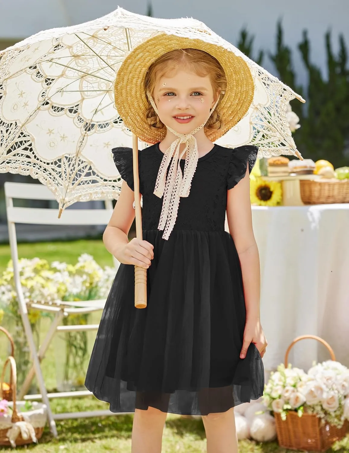 Arshiner Toddler Lace Tutu Dresses Ruffle Sleeve 3 Layers Tulle Flower Wedding Birthday Summer Little Girls Dress