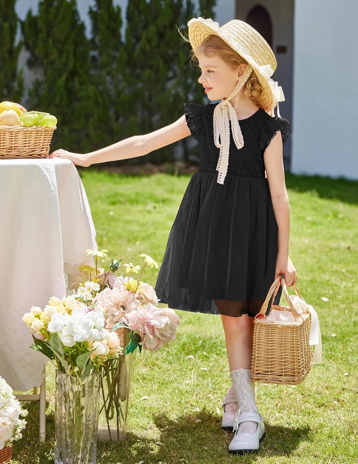 Arshiner Toddler Lace Tutu Dresses Ruffle Sleeve 3 Layers Tulle Flower Wedding Birthday Summer Little Girls Dress
