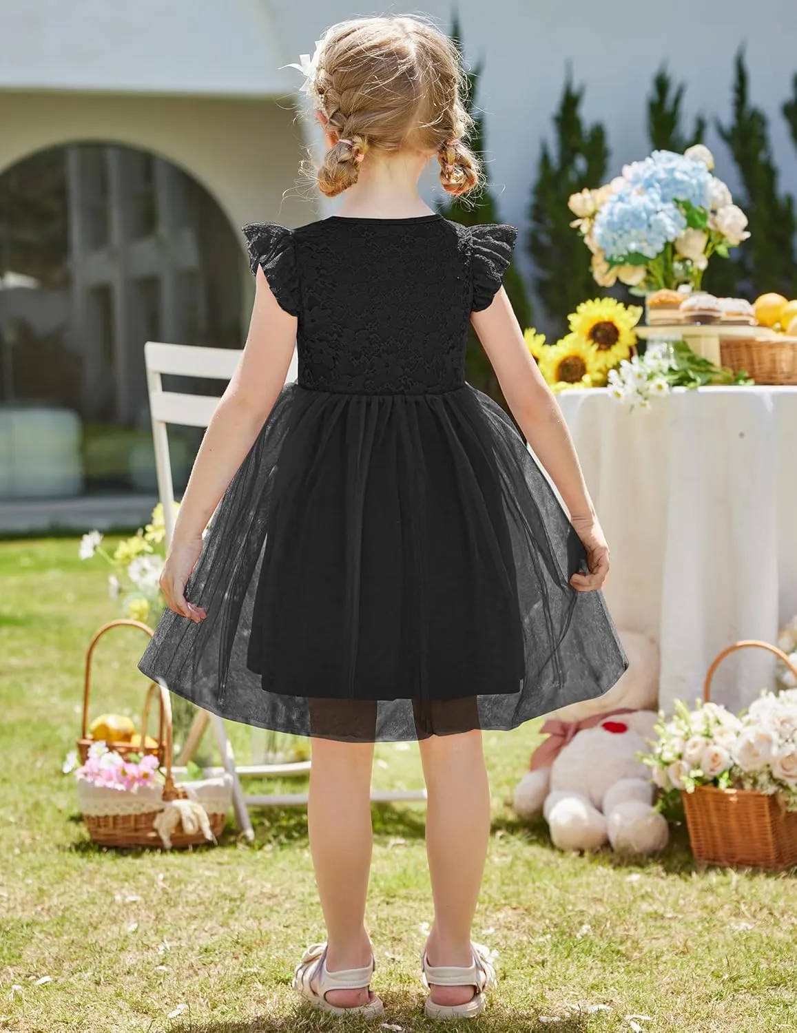 Arshiner Toddler Lace Tutu Dresses Ruffle Sleeve 3 Layers Tulle Flower Wedding Birthday Summer Little Girls Dress