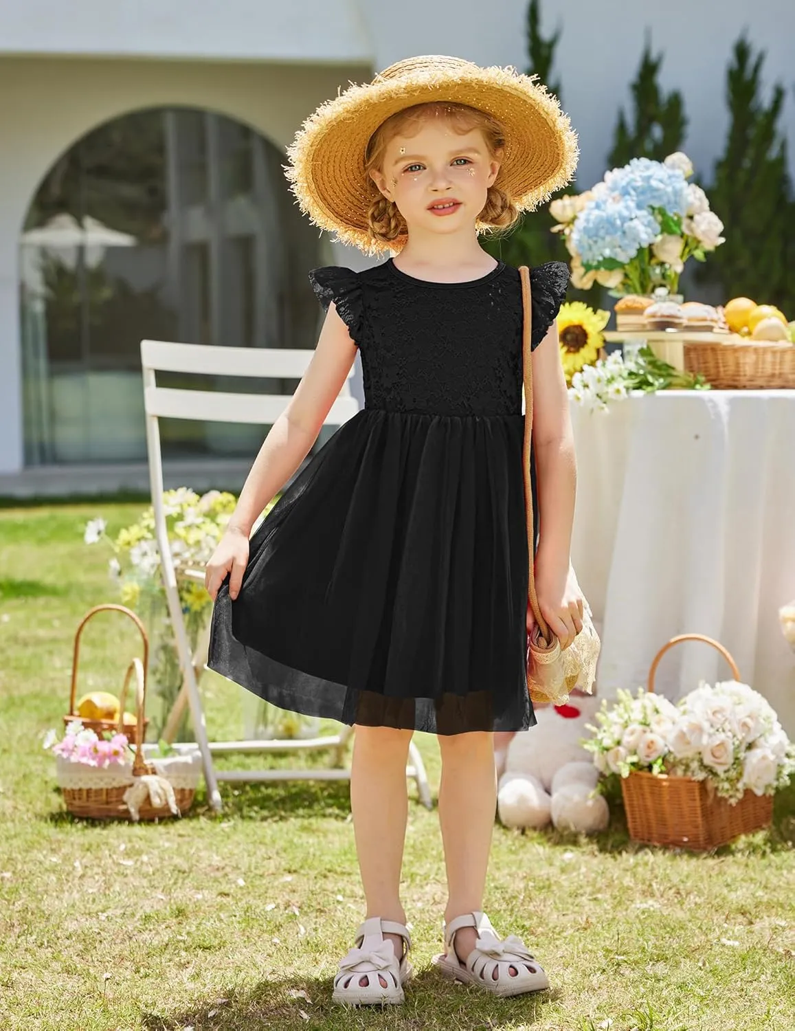 Arshiner Toddler Lace Tutu Dresses Ruffle Sleeve 3 Layers Tulle Flower Wedding Birthday Summer Little Girls Dress