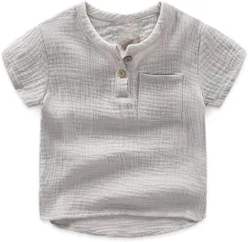 Ashmyova Boys Cotton Linen Shirt Toddler Boys Pocket Button Short Sleeve T Shirt Tees Tops