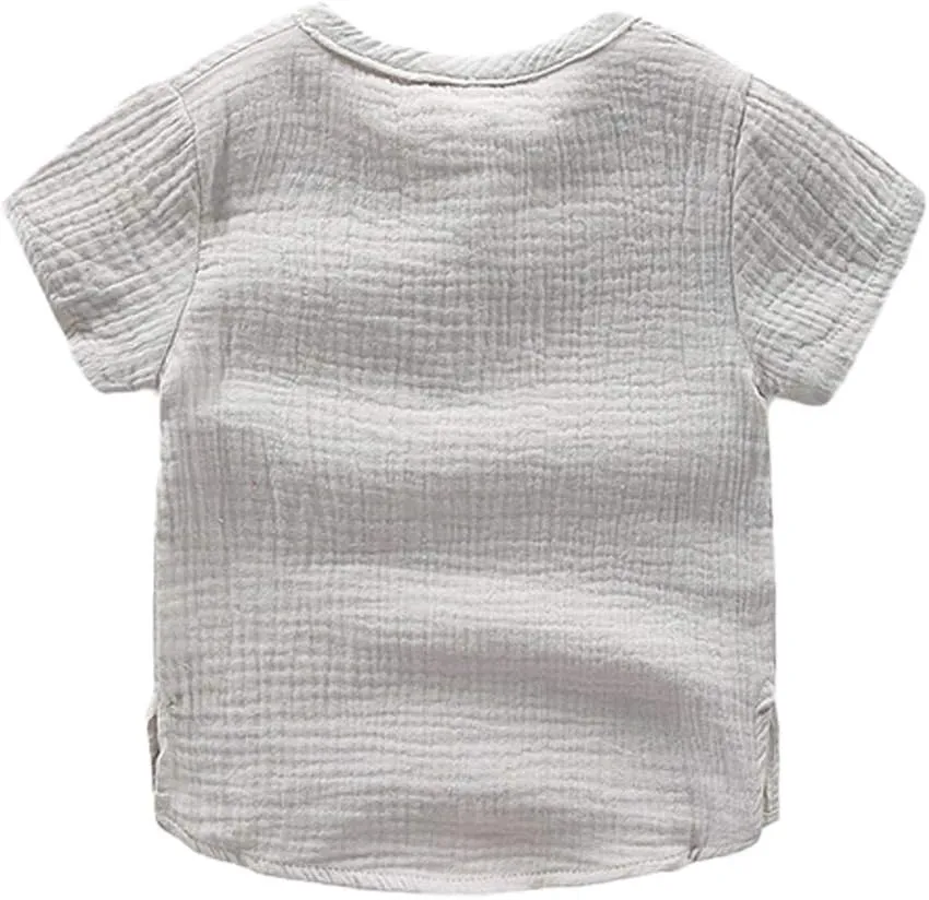 Ashmyova Boys Cotton Linen Shirt Toddler Boys Pocket Button Short Sleeve T Shirt Tees Tops