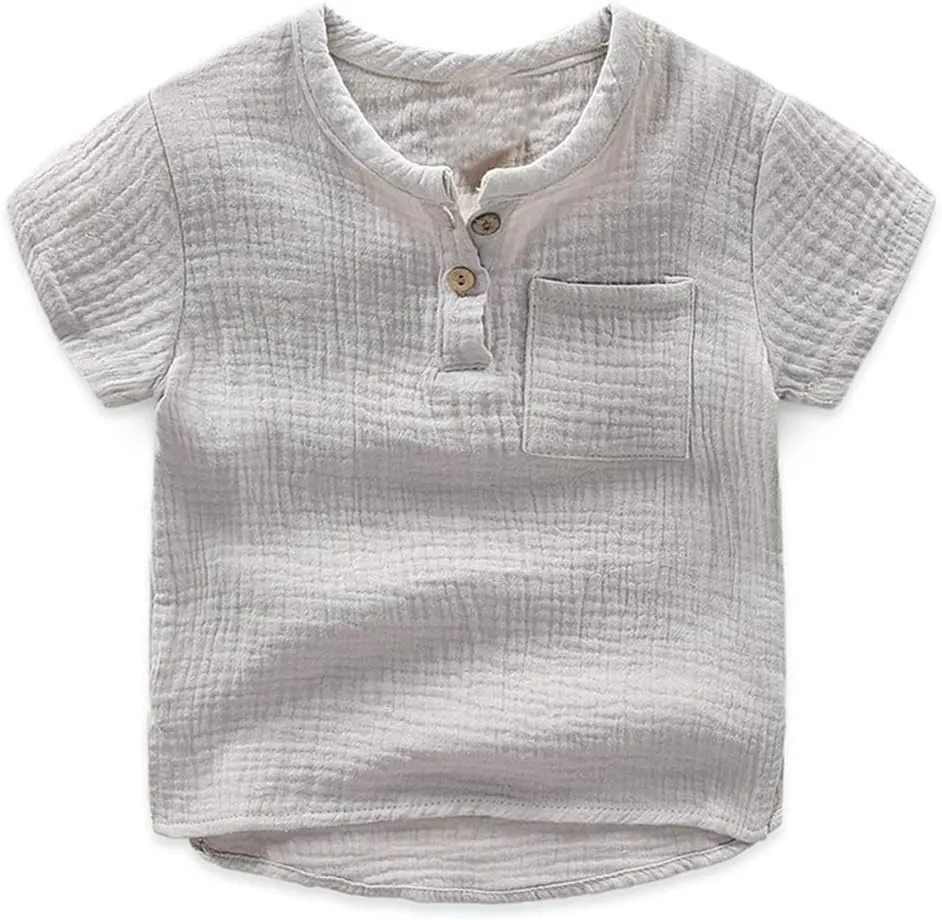 Ashmyova Boys Cotton Linen Shirt Toddler Boys Pocket Button Short Sleeve T Shirt Tees Tops