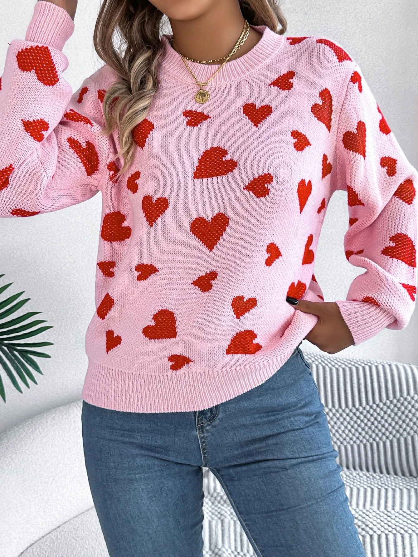 Autumn Winter Casual Contrast Color Love Lantern Sleeve Pullover Sweater Valentine Day Women Clothing