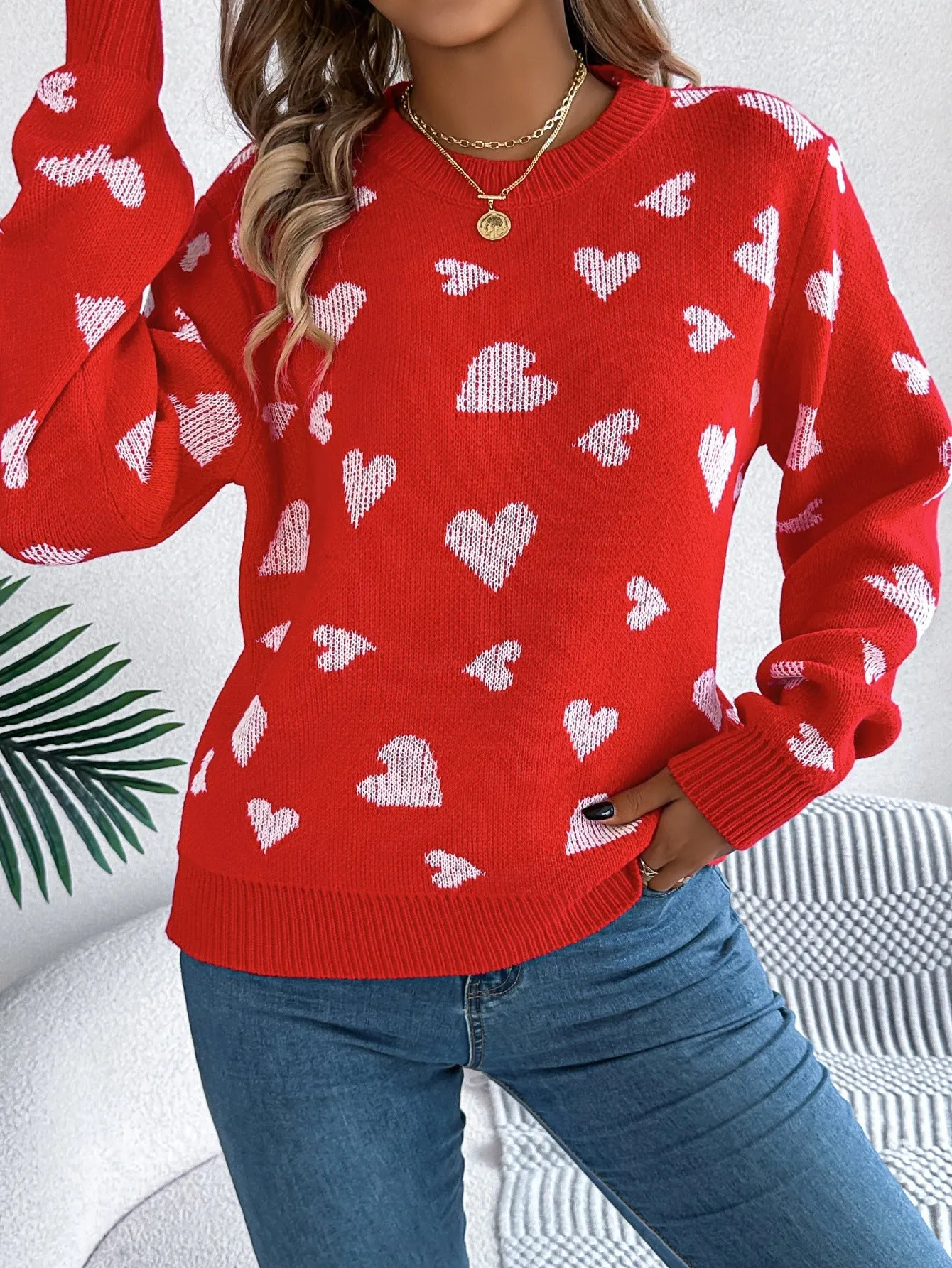 Autumn Winter Casual Contrast Color Love Lantern Sleeve Pullover Sweater Valentine Day Women Clothing