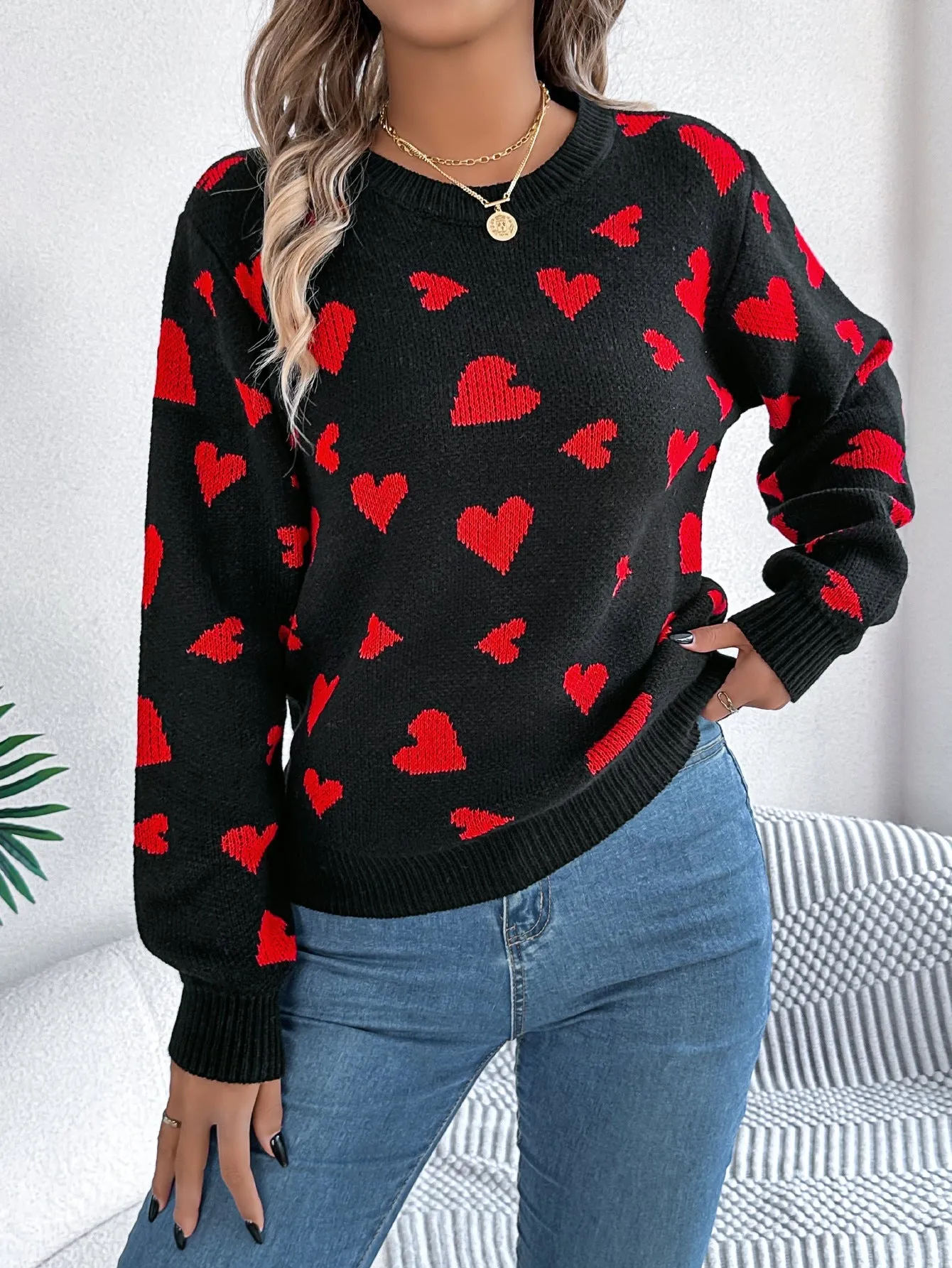 Autumn Winter Casual Contrast Color Love Lantern Sleeve Pullover Sweater Valentine Day Women Clothing