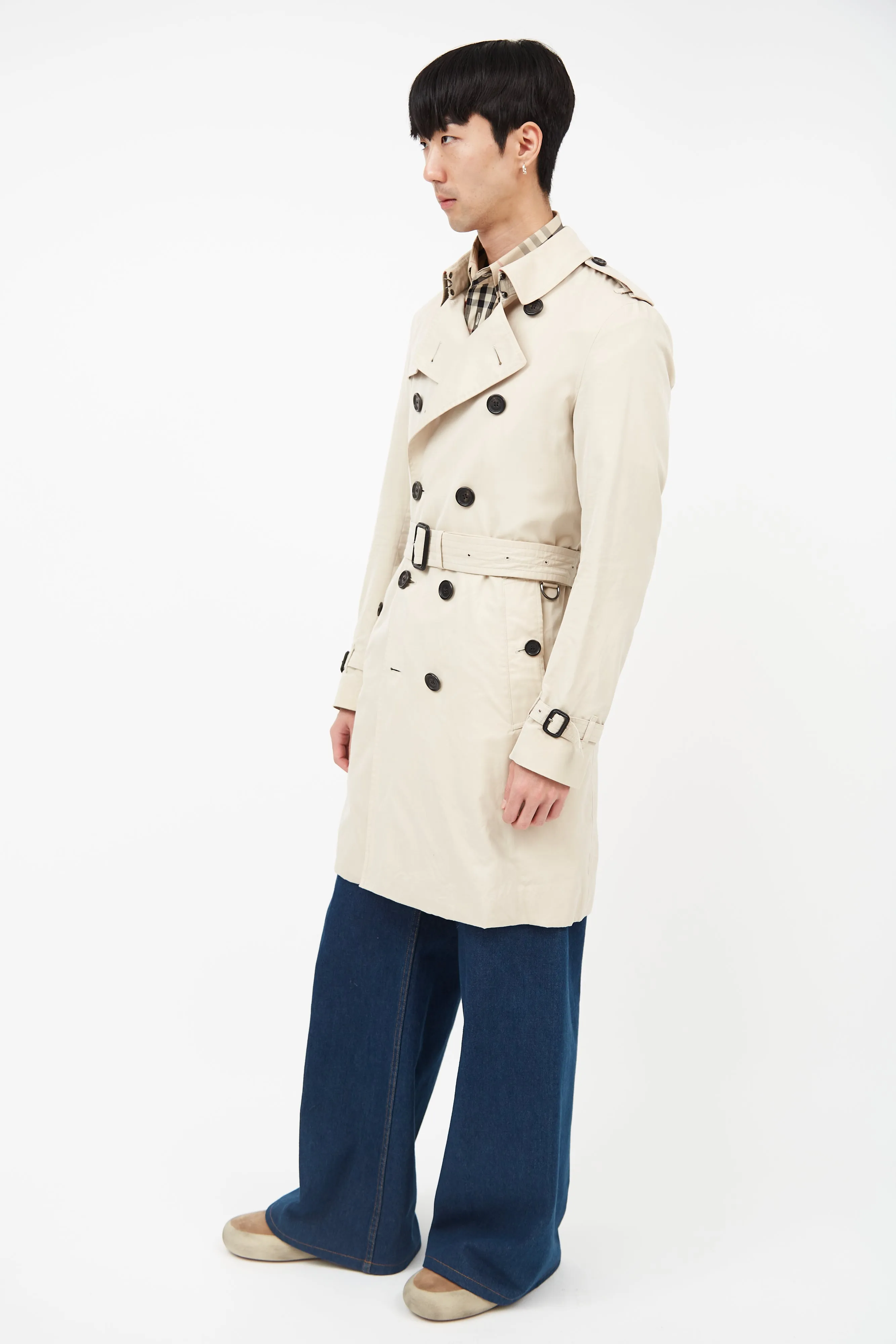 Beige Belted Double Breasted Trench Coat