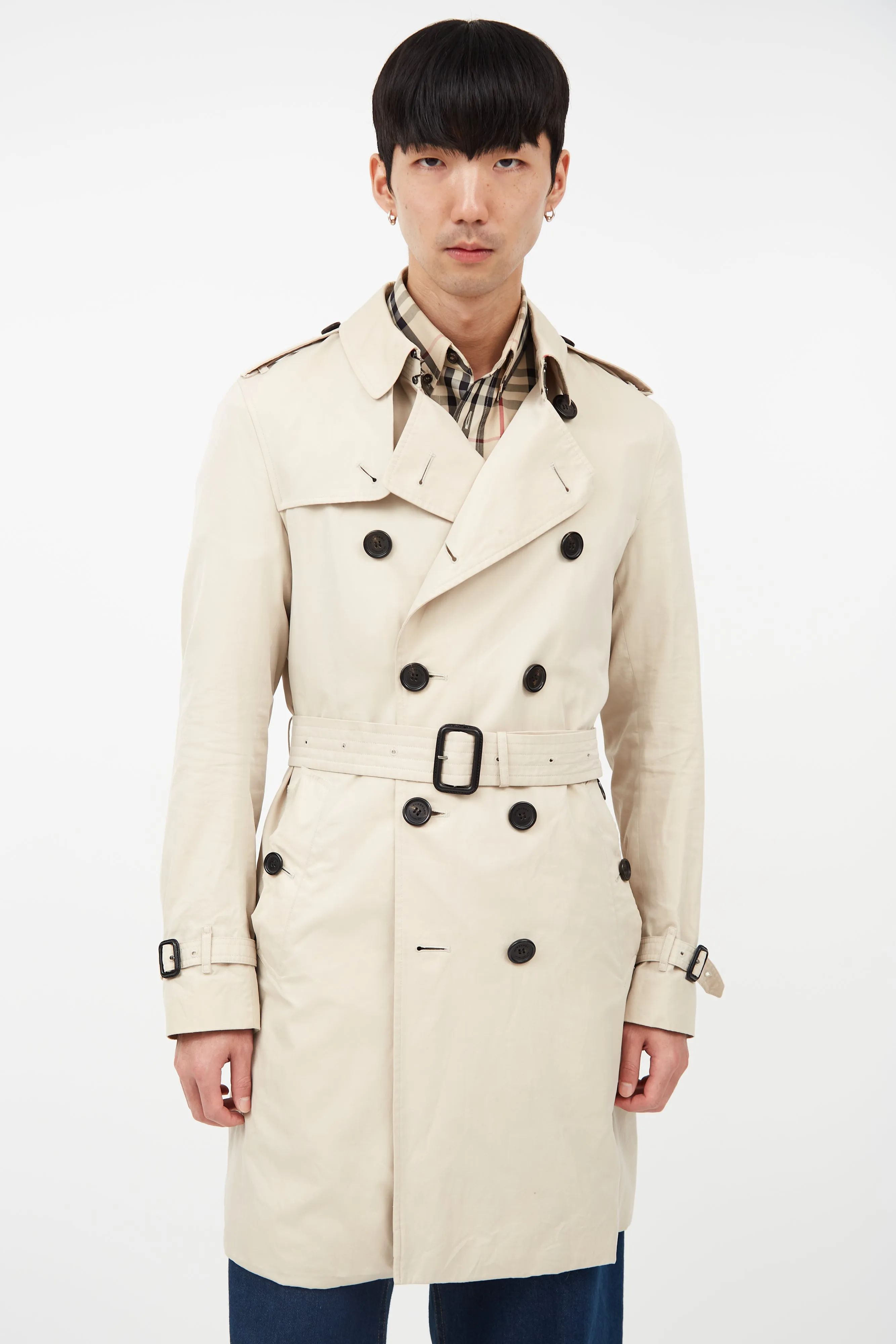 Beige Belted Double Breasted Trench Coat