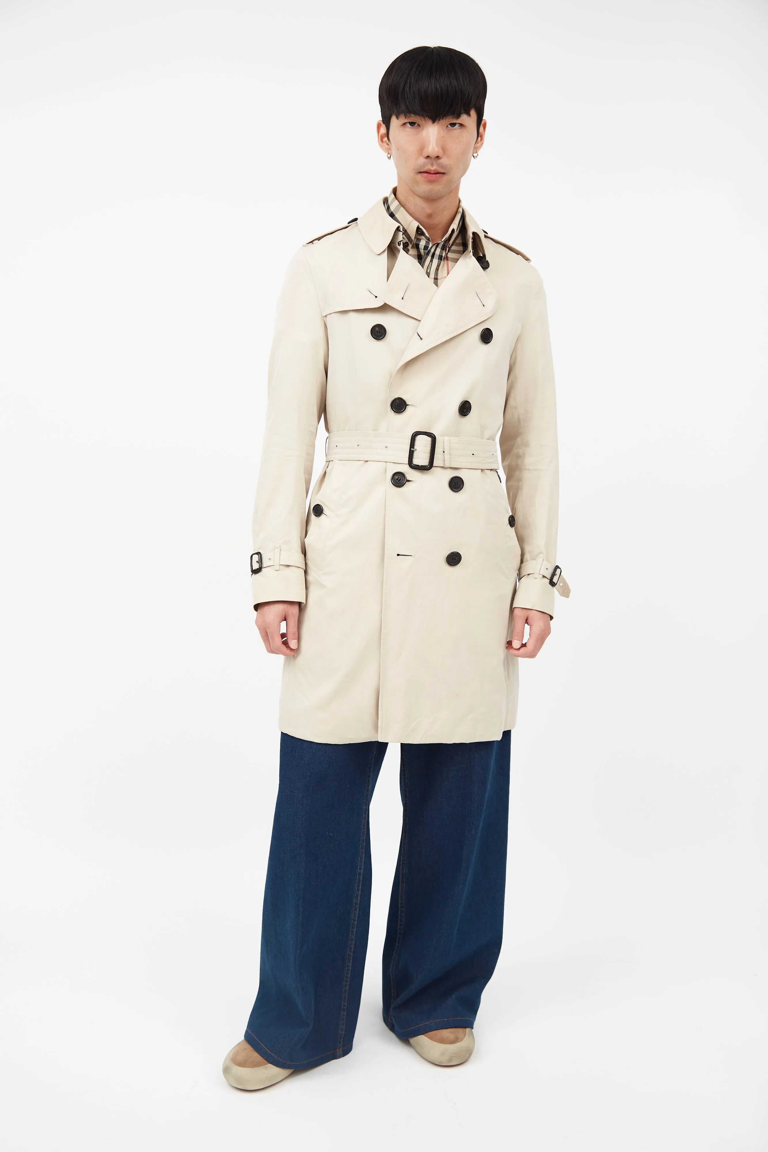 Beige Belted Double Breasted Trench Coat