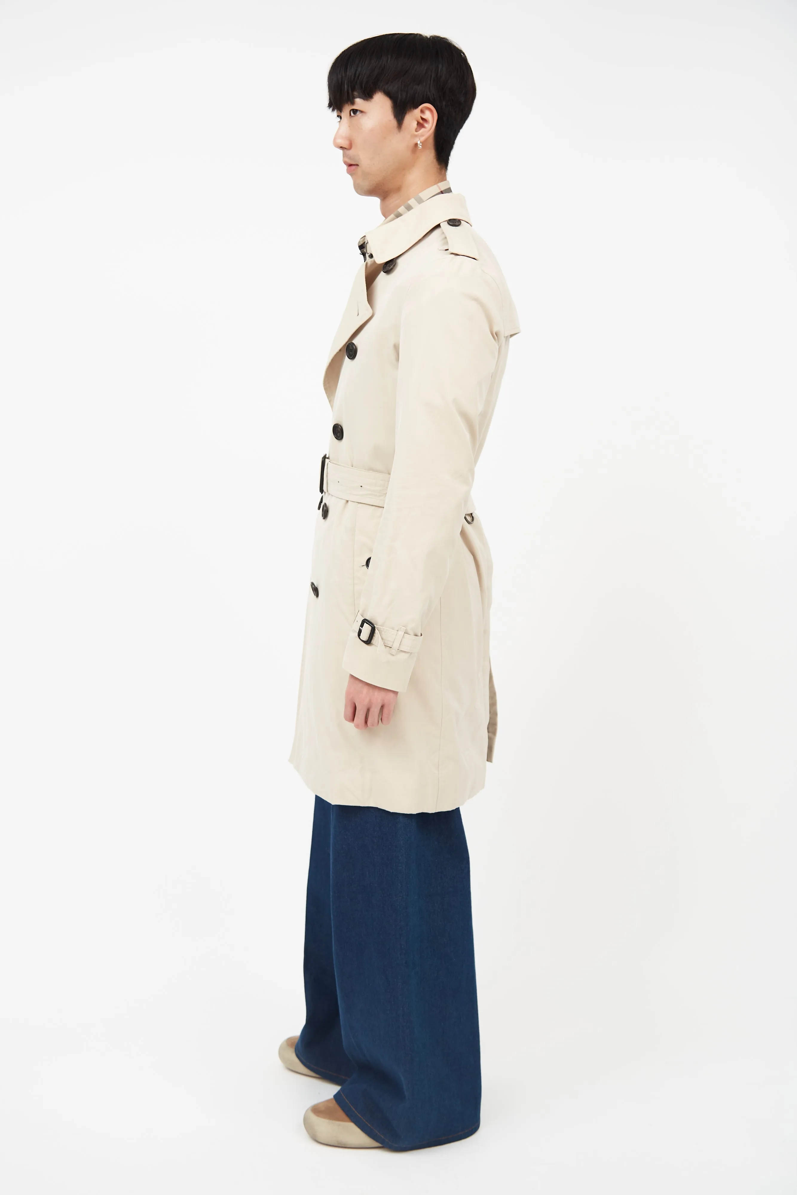 Beige Belted Double Breasted Trench Coat