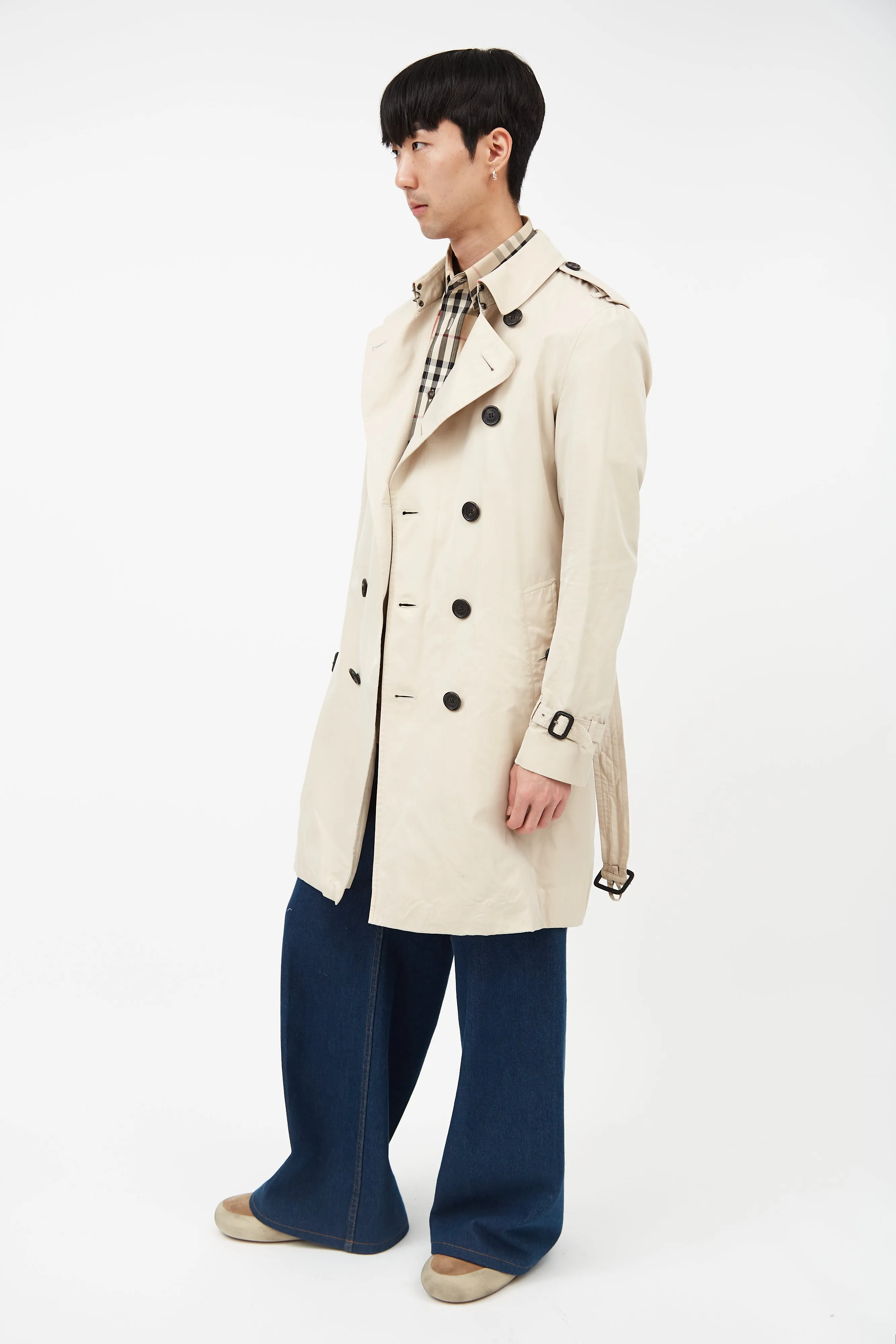 Beige Belted Double Breasted Trench Coat