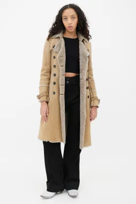Beige Leather Shearling Lined Trench Coat