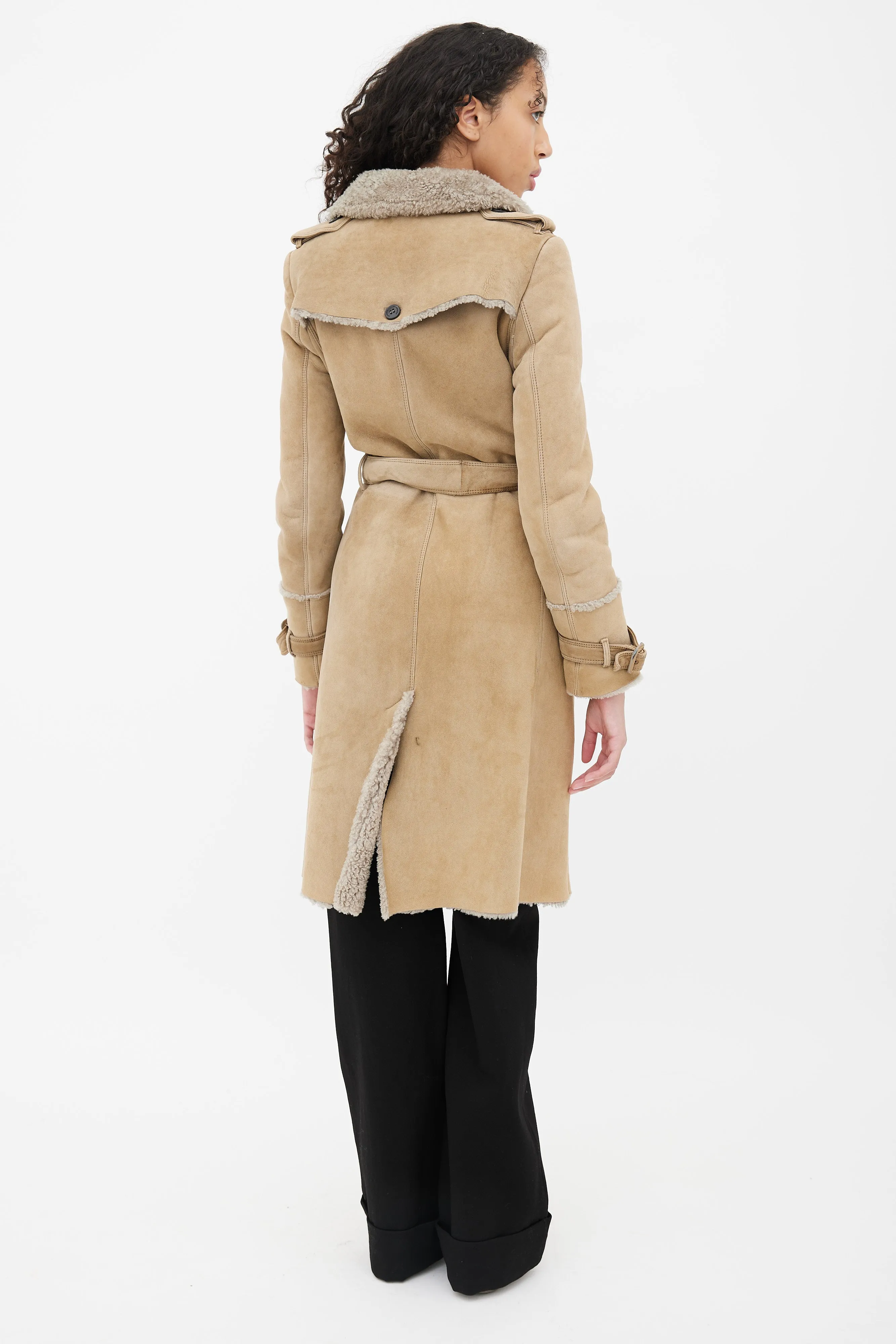 Beige Leather Shearling Lined Trench Coat