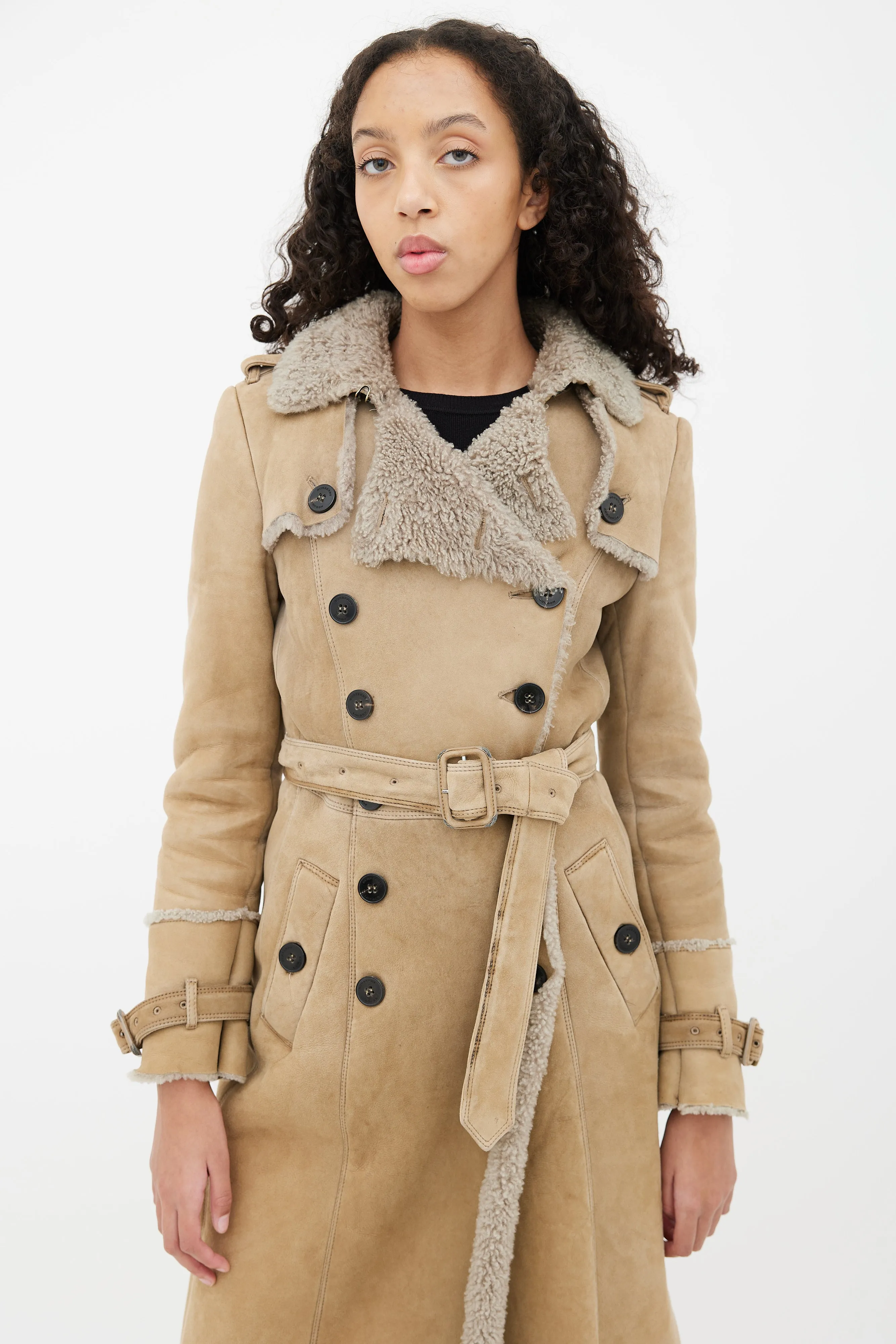 Beige Leather Shearling Lined Trench Coat
