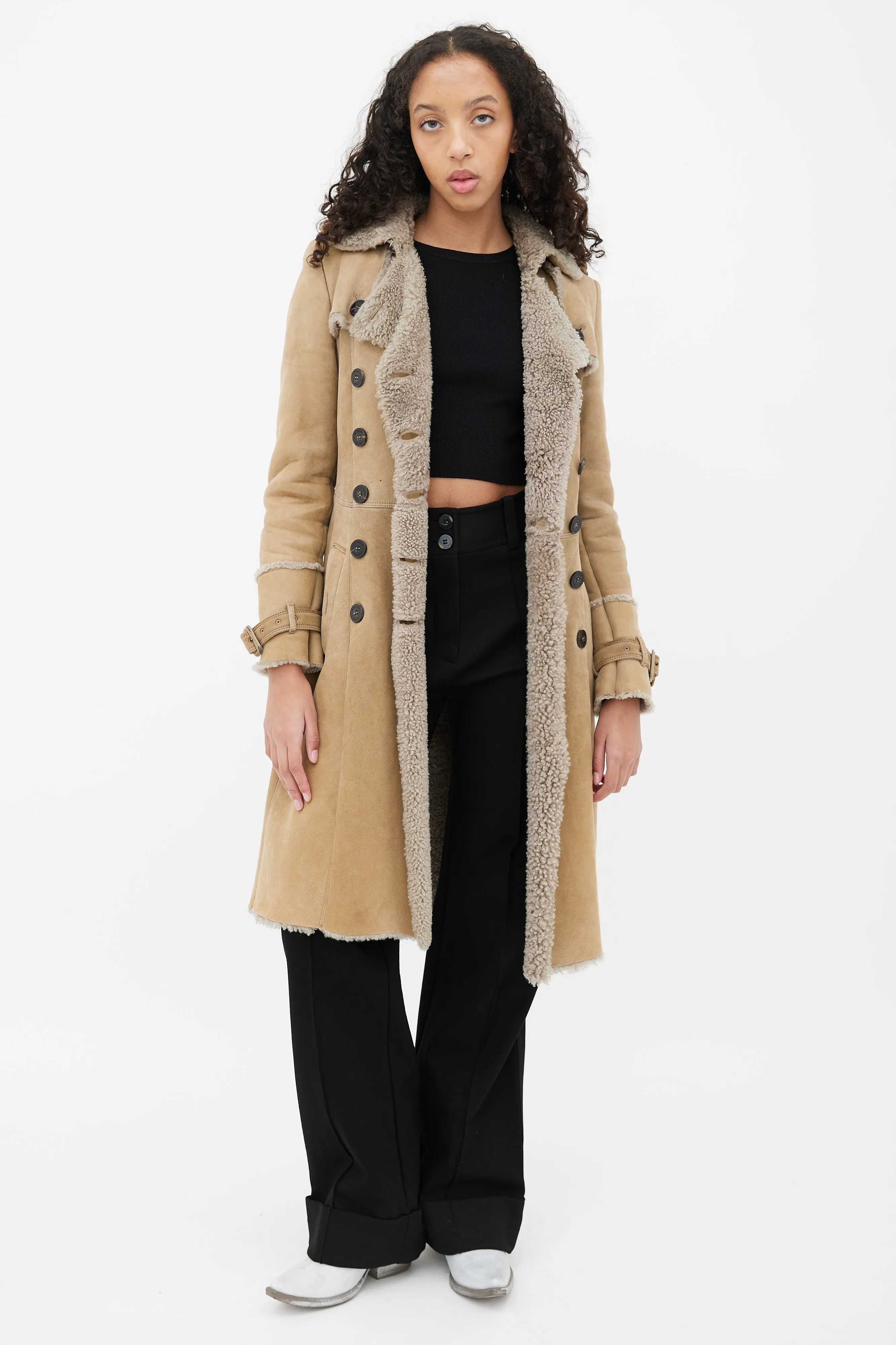 Beige Leather Shearling Lined Trench Coat