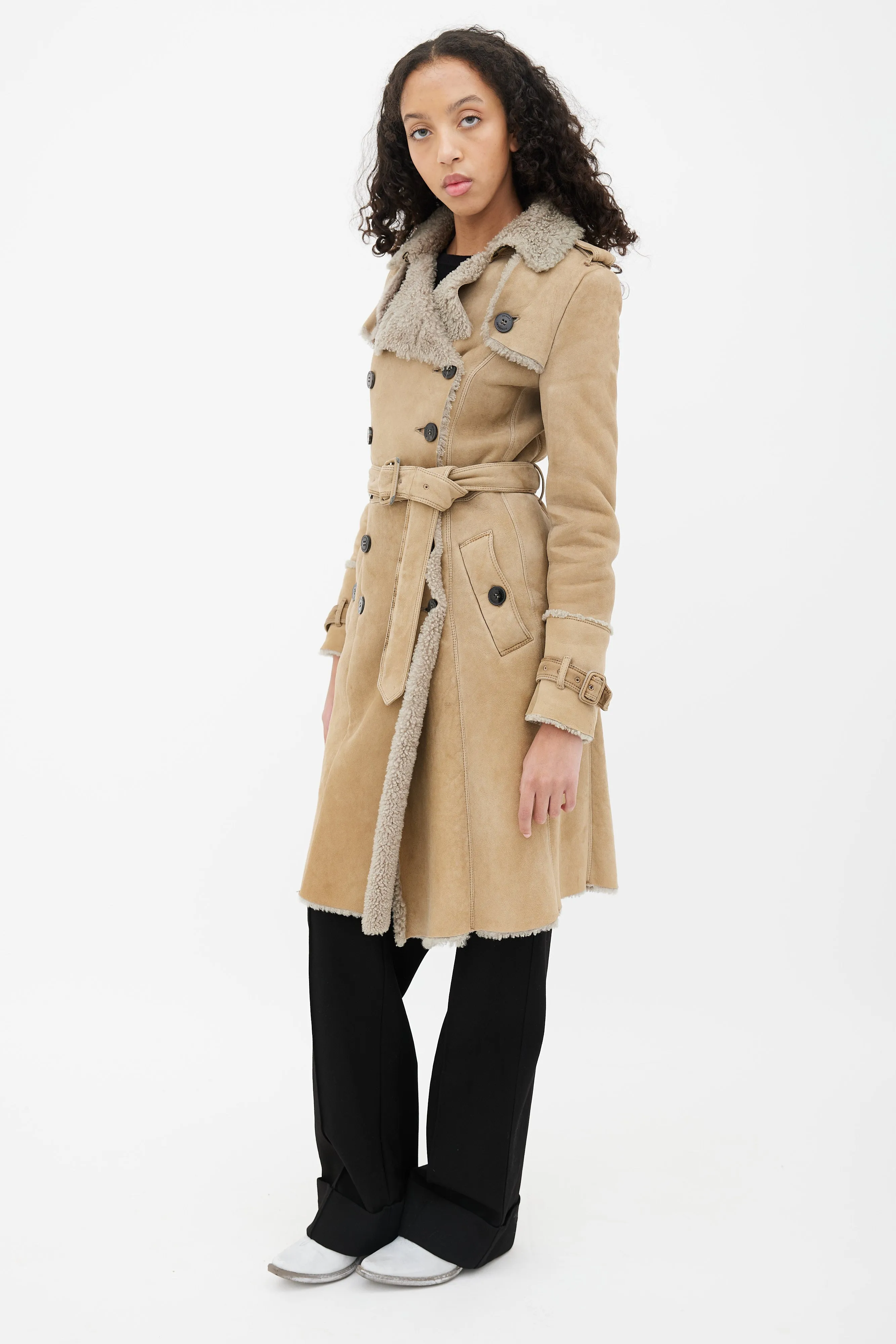 Beige Leather Shearling Lined Trench Coat