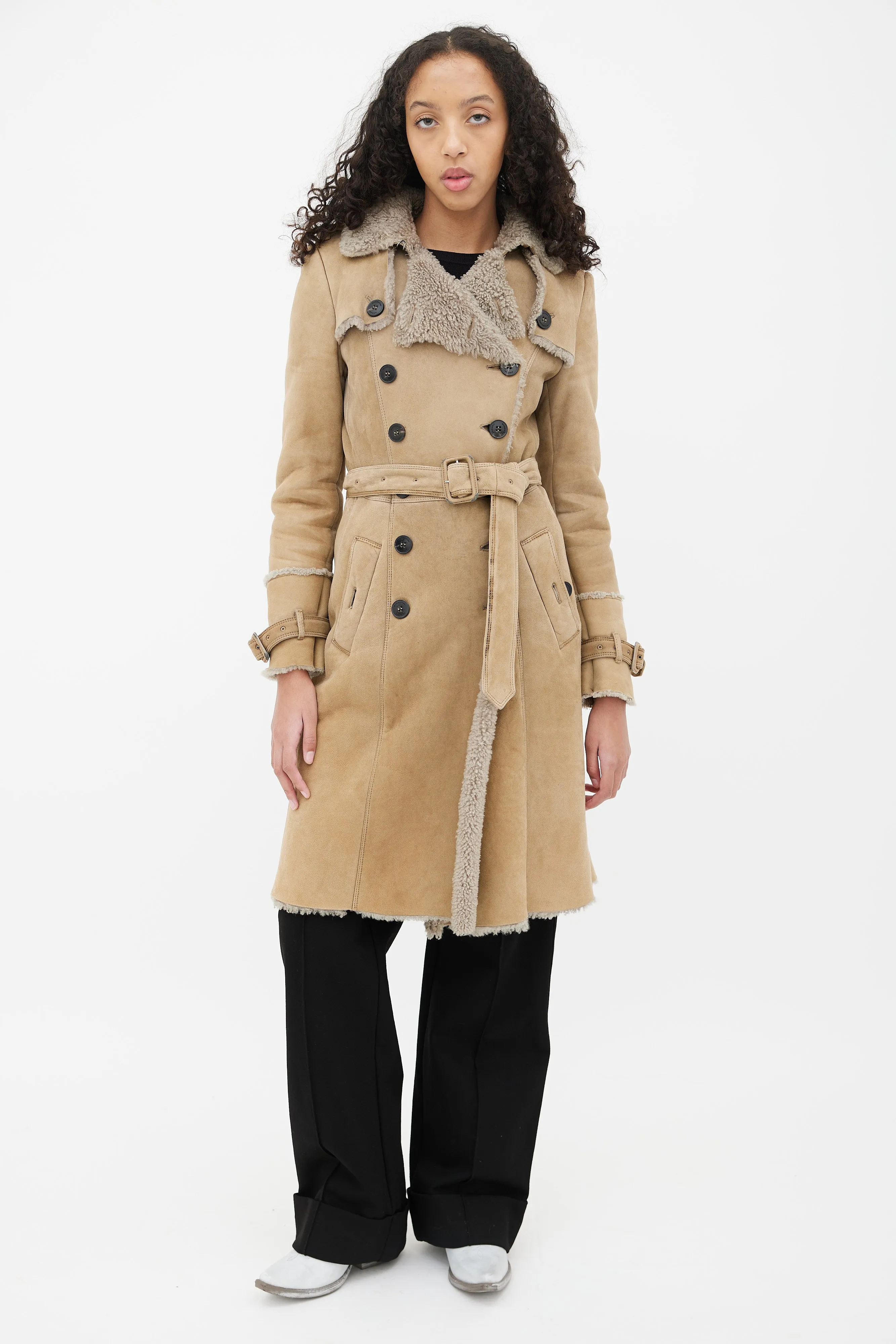 Beige Leather Shearling Lined Trench Coat