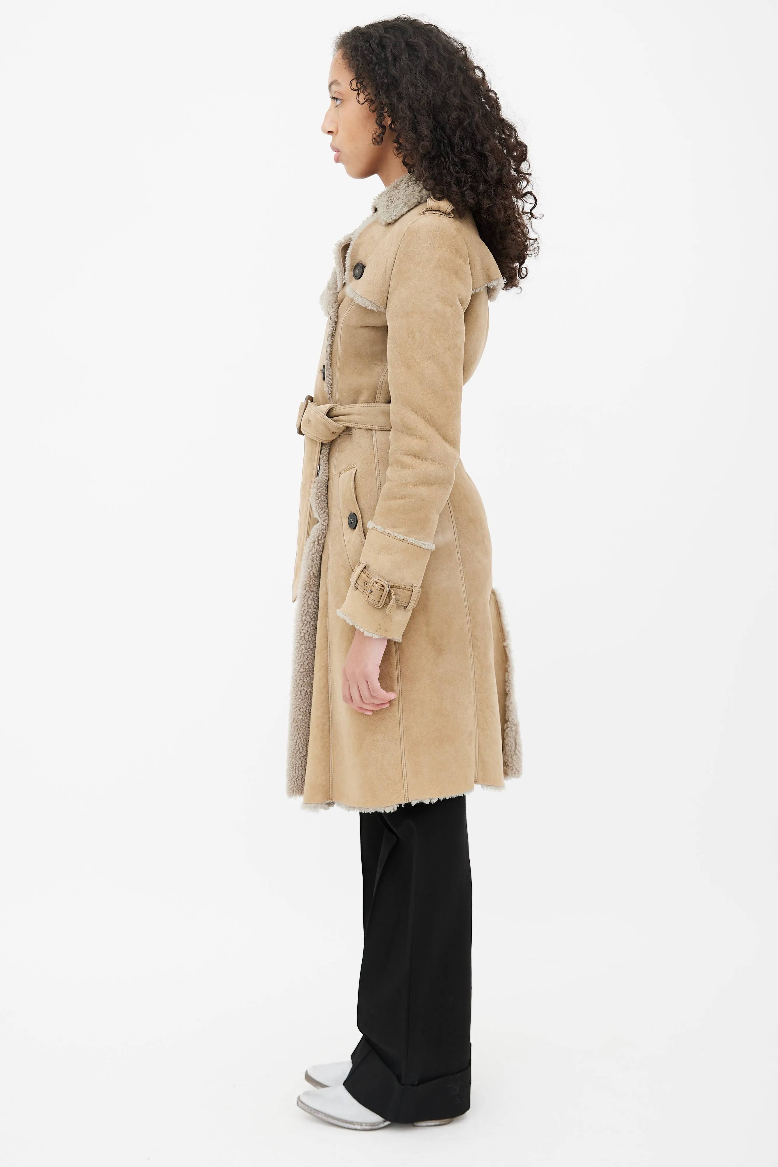 Beige Leather Shearling Lined Trench Coat
