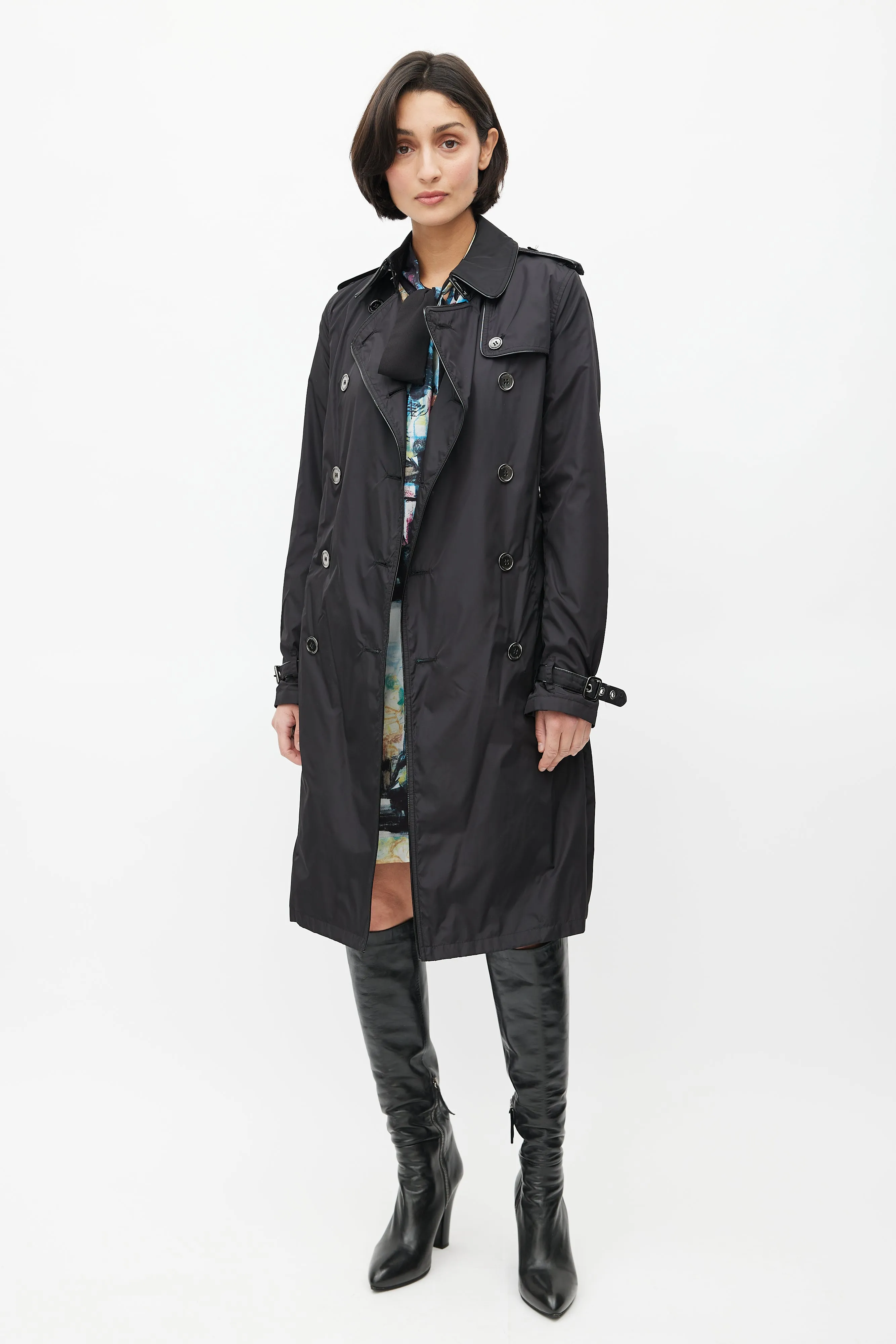 Black Double Breasted Packable Belted Trench Coat