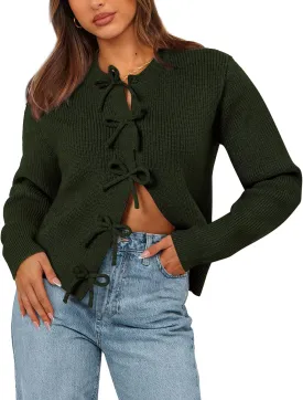 BTFBM Cardigan Sweaters for Women Trendy 2025 Fall Open Front Long Sleeve Button Down Bow Knot Cropped Lady Jacket
