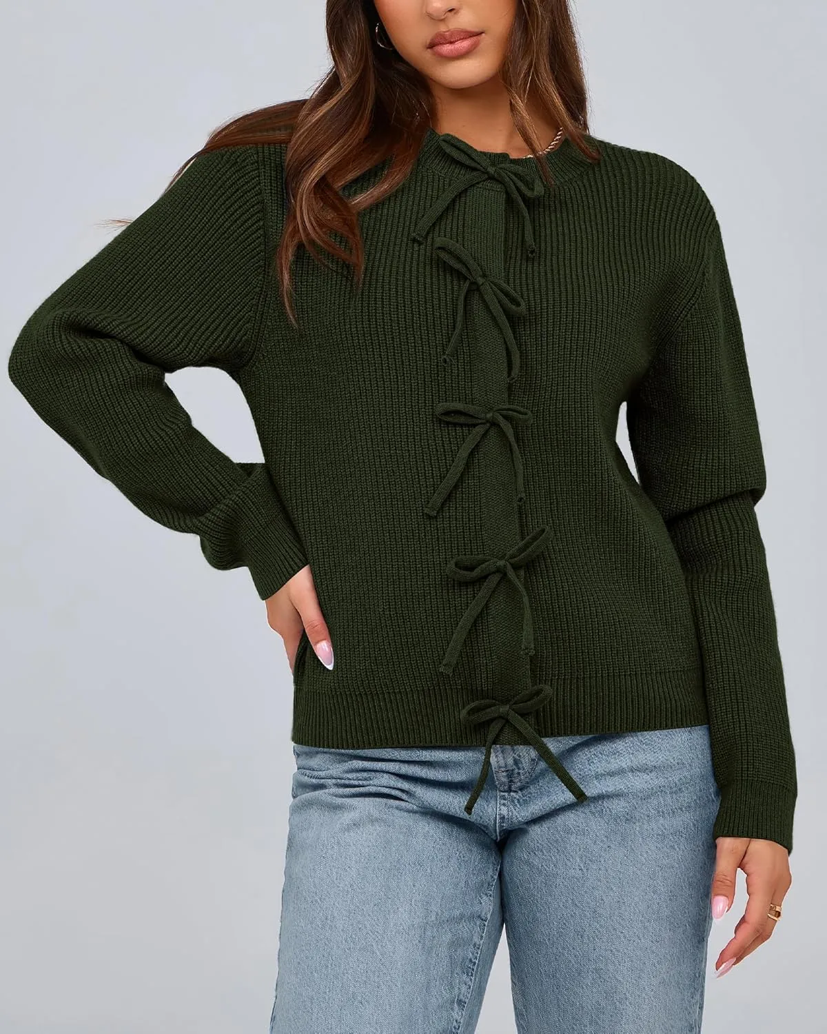 BTFBM Cardigan Sweaters for Women Trendy 2025 Fall Open Front Long Sleeve Button Down Bow Knot Cropped Lady Jacket