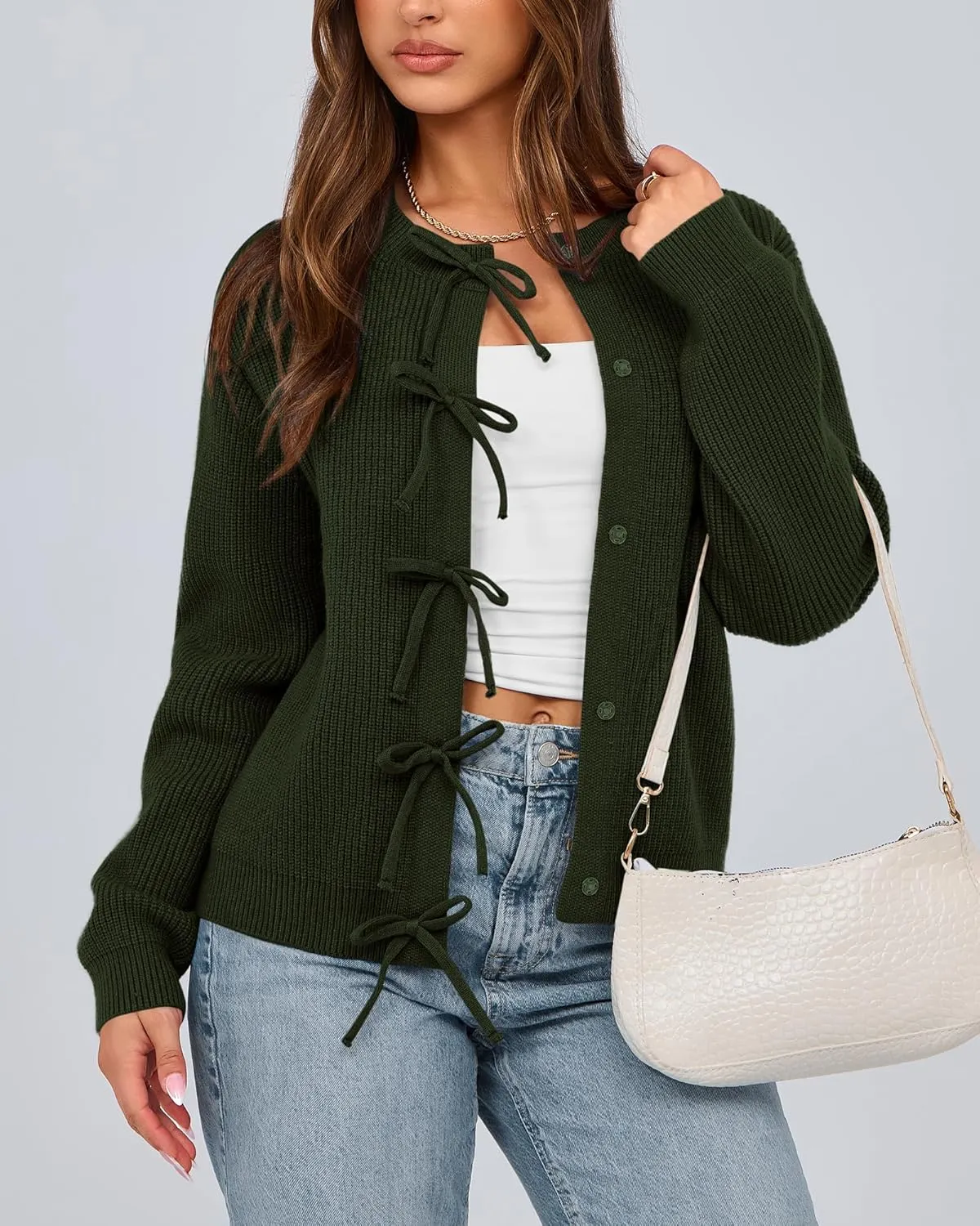BTFBM Cardigan Sweaters for Women Trendy 2025 Fall Open Front Long Sleeve Button Down Bow Knot Cropped Lady Jacket